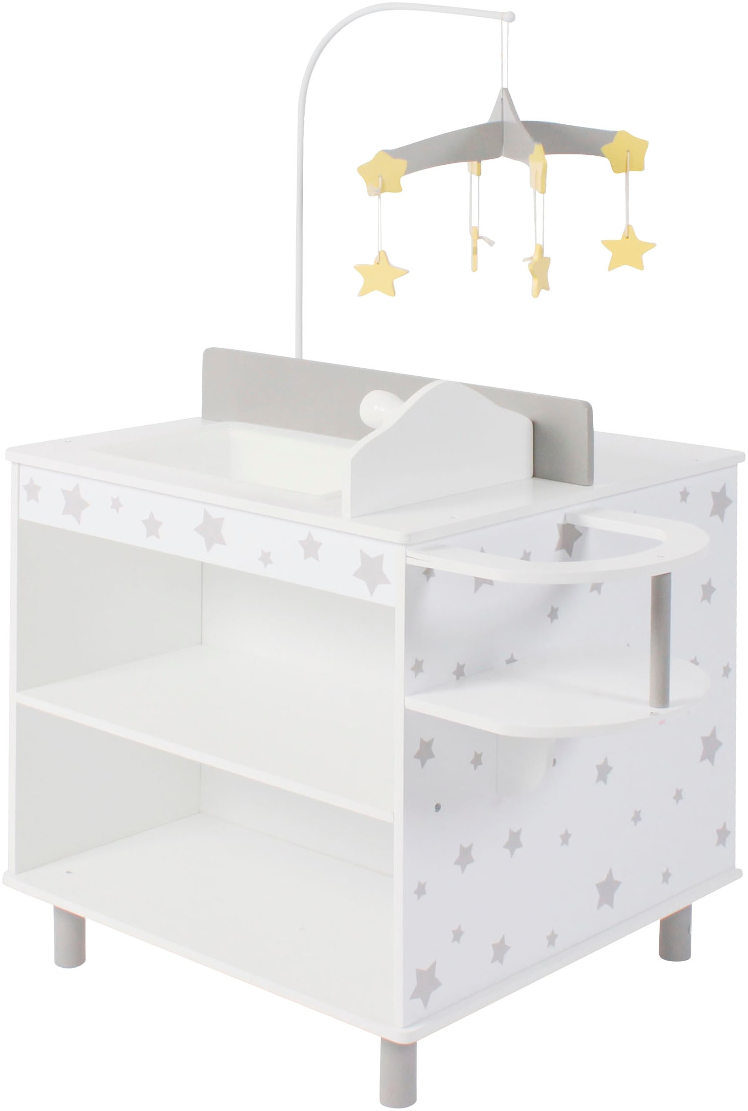 CHIC2000 Jungen Puppenwickeltisch "Puppen-Wickelstation Stars grey", grau, Holz, B:49cm H:57cm T:49cm, Puppenmöbel, mit Mobile