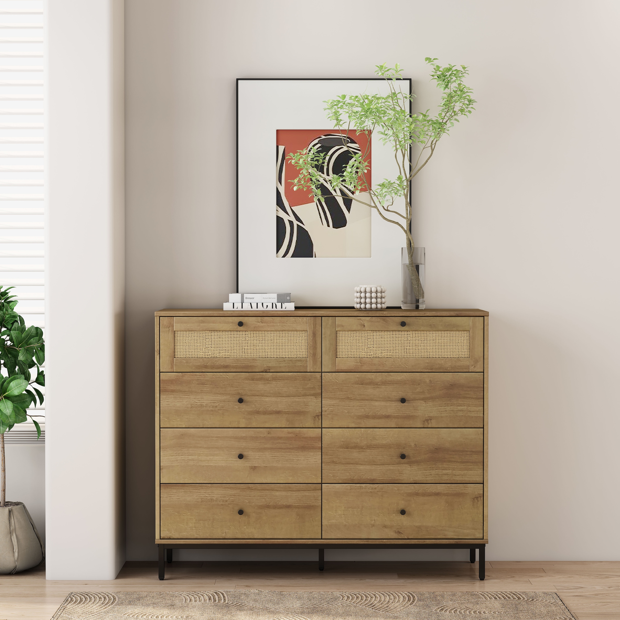 OTTO home Kombikommode »Motala Wäsche Schrank mit 8 Schubladen Sideboard BOHO Design« Eichen-Design mit schwarzen Griffen und Geflecht Schubladen, 