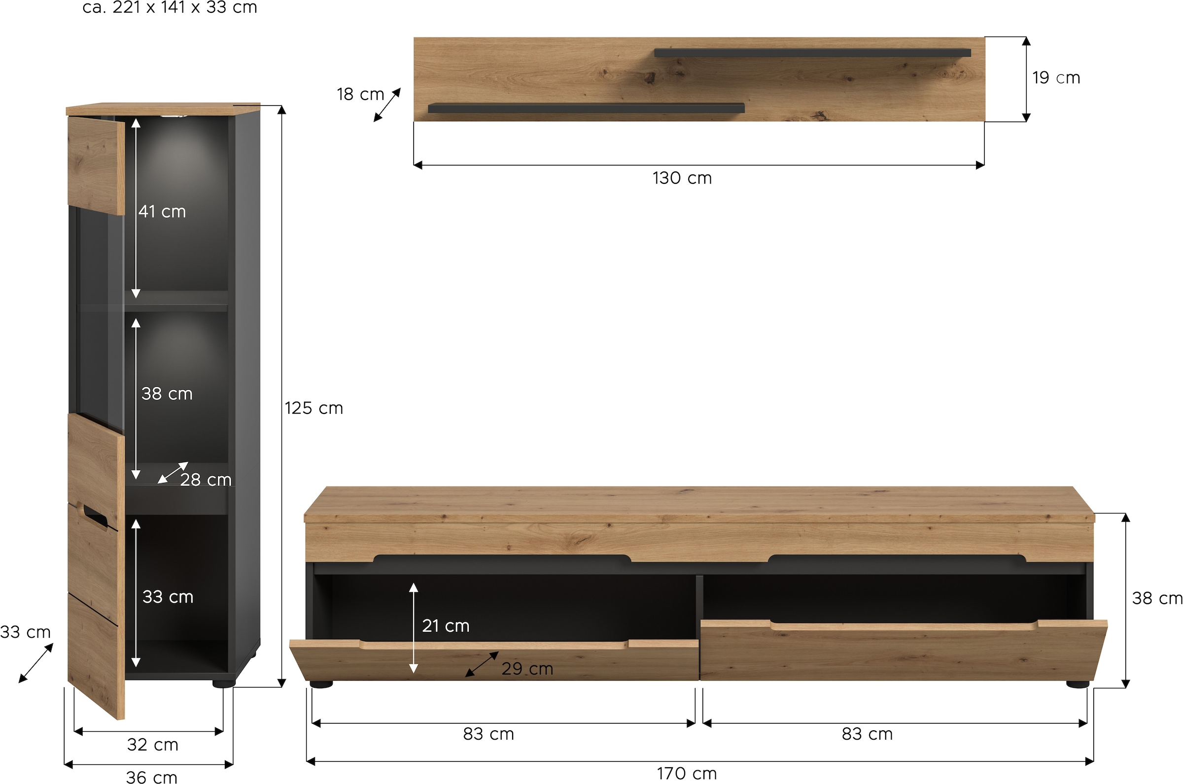 INOSIGN Wohnwand »REHAT, TOPSELLER!, 3-teilig, inkl. Beleuchtung, stehend oder hängend« Set bestehend aus: Vitrine inkl. Beleuchtung, Lowboard und Wandboard, 3 Stk. tlg.