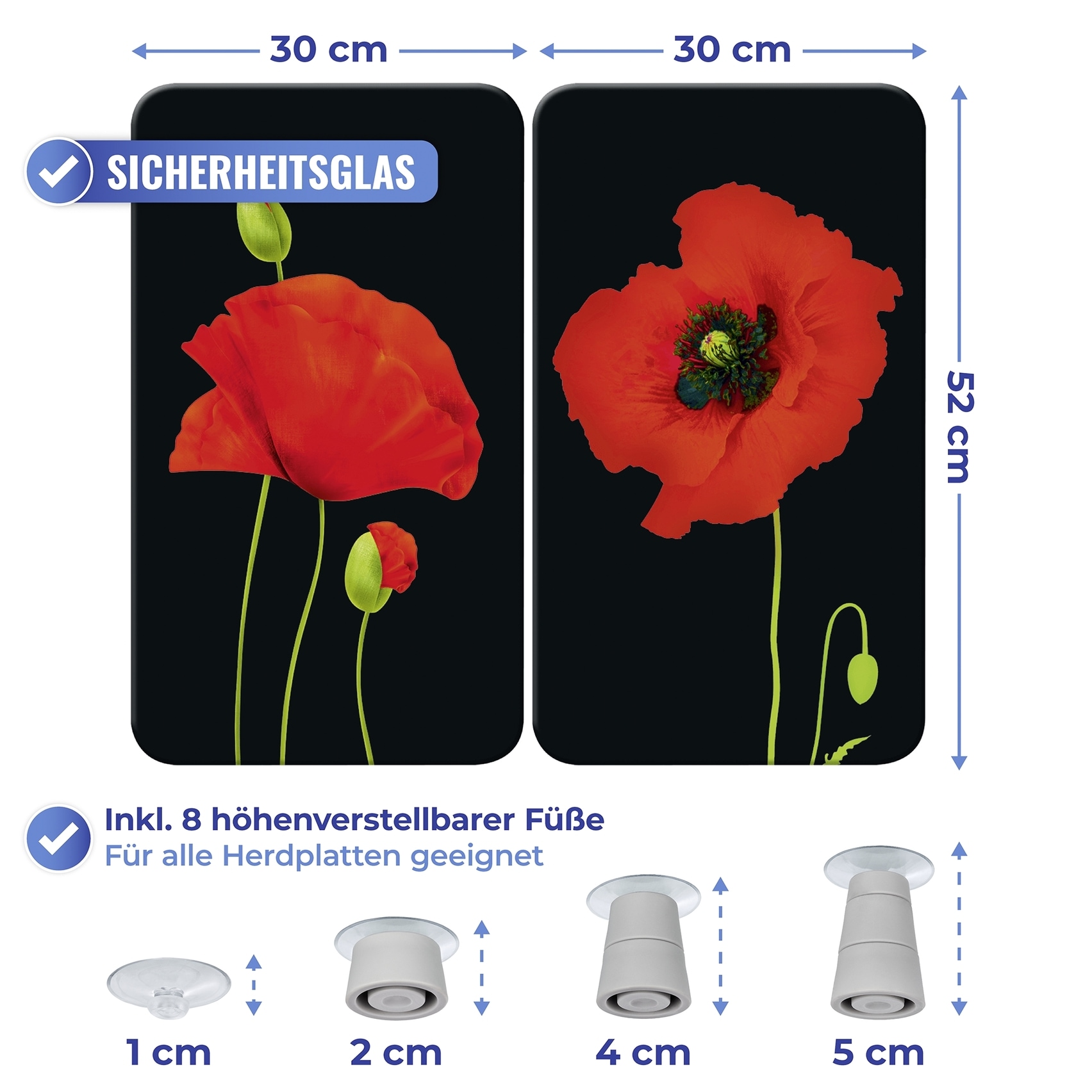 Maximex Herd-Abdeckplatte »Universal Modell Mohn«, (Set, 2 tlg.), Herdabdeckung für alle Herdarten, kratzfest, mit rutschfesten Füßen