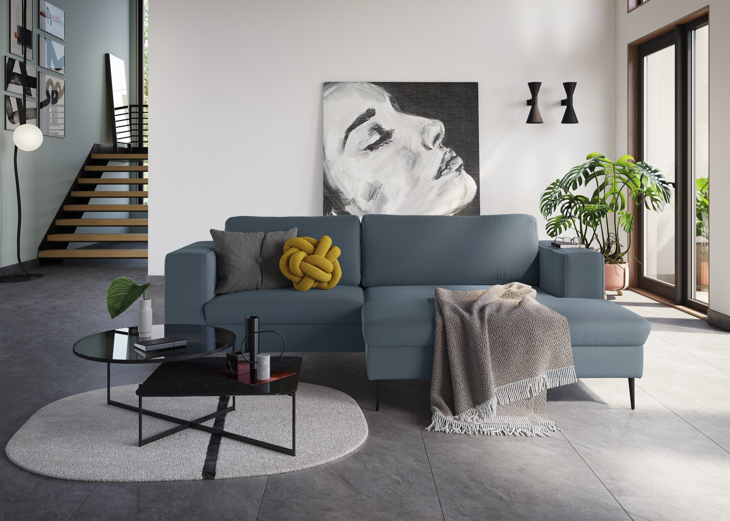 DOMO collection Ecksofa "Modica kompakt und elegant, Breite 244, L-Form" Auch in Cord, Fußhöhe passend für gängige Saugroboter