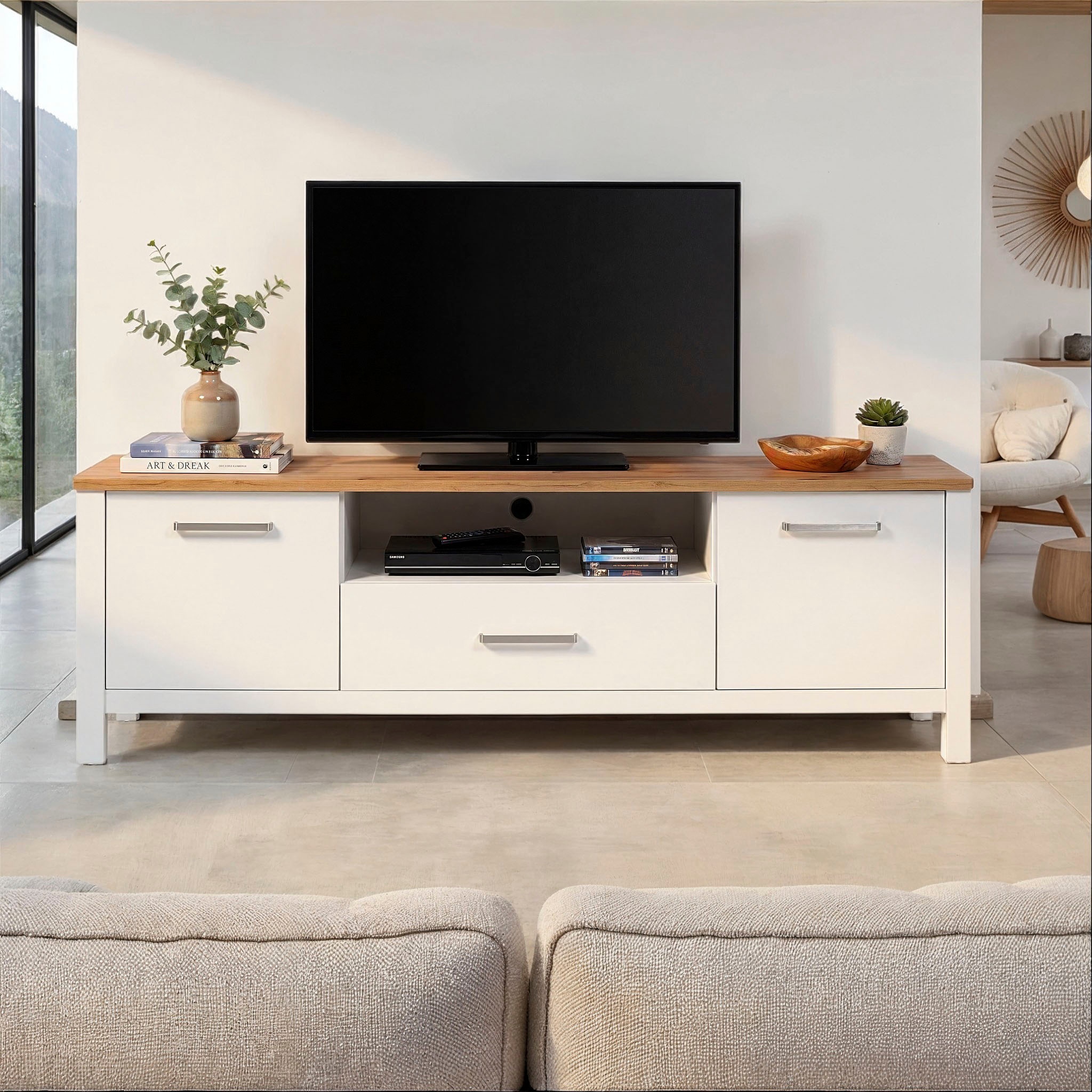 Inter Link TV-Board »Pienza, Weiss/Artisan Eiche Nachbildung, viel Stauraum, Softclose« 1 Stk. tlg. TV Lowboard mit Kabeldurchführung, Skandi Look, 173 x 45 x 64 cm