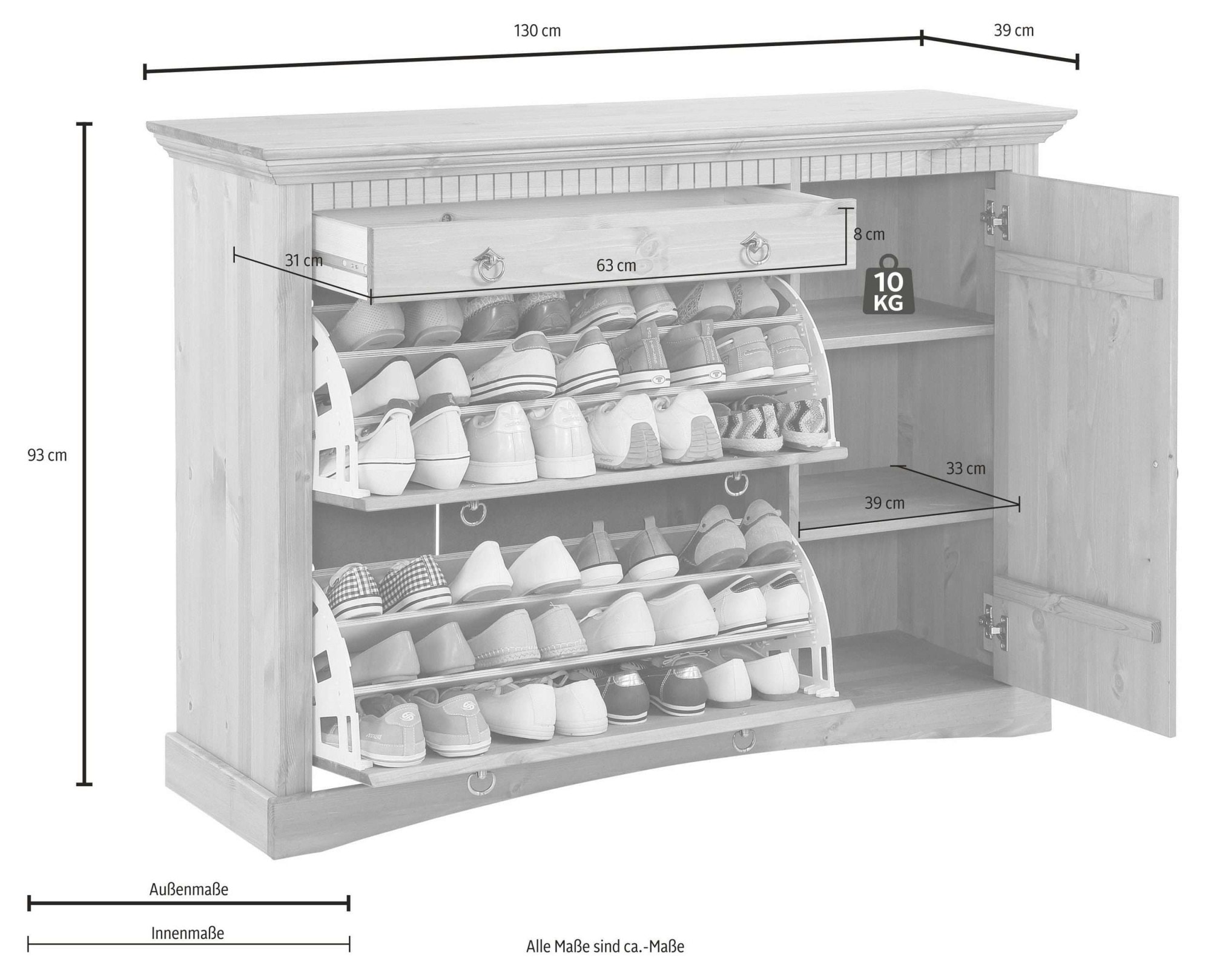 OTTO home Schuhkommode »Rustic« Bis max. Schuhgröße 42,  aus massiver Kiefer, Breite 130 cm, für ca. 2 x 12 Paar Schuhe