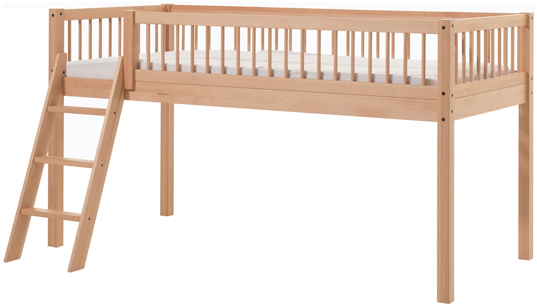 Vipack Spielbett »Forrest, Absturzschutz mit Sprossen-Optik, Pfostenstärken ca. 50x50mm« Buche natur lackiert, stabil und hochwertig gebaut, inkl. Lattenrost,  90/200 cm, Spielbereich unter dem Bett, 2 Textil-Set´s zur Wahl