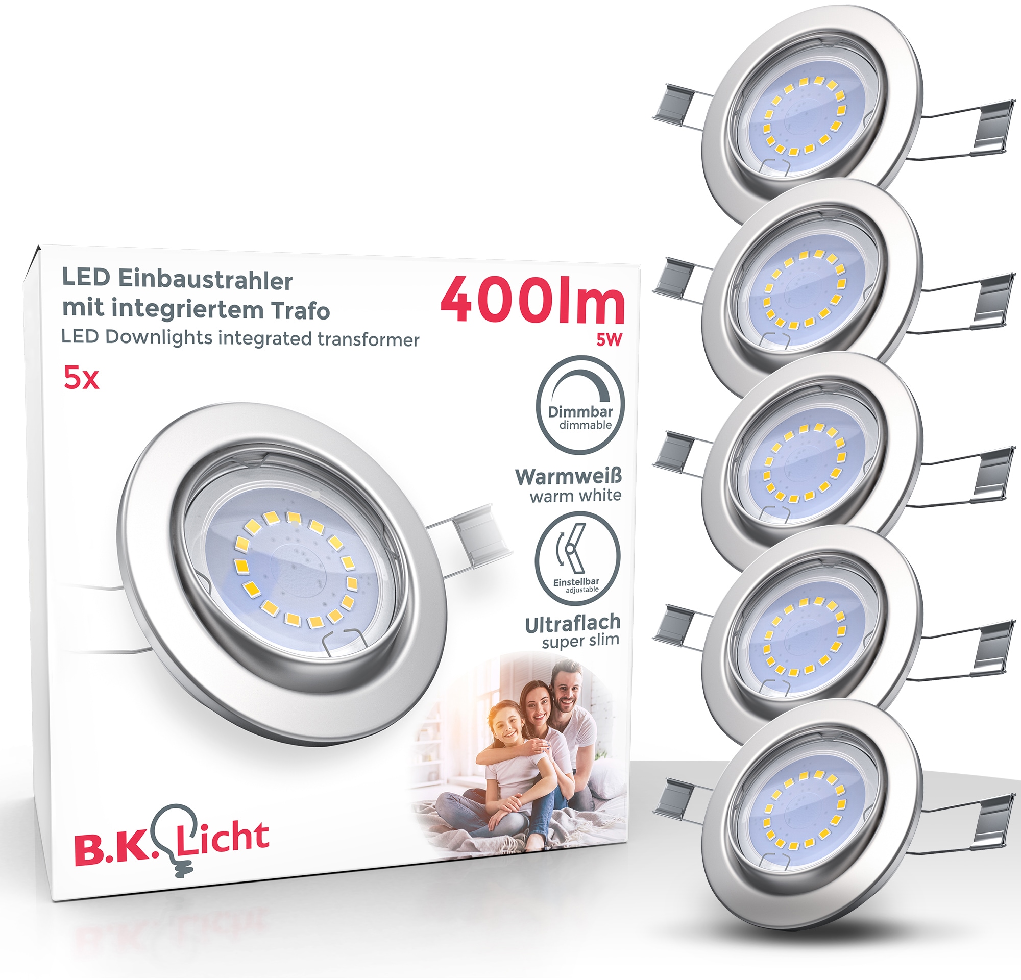 B.K.Licht LED Einbauleuchte, GU10, 5 St., Warmweiß, LED Einbaustrahler dimmbar ohne Dimmer GU10 Decken-Spot inkl. 5W 400lm 5er SET