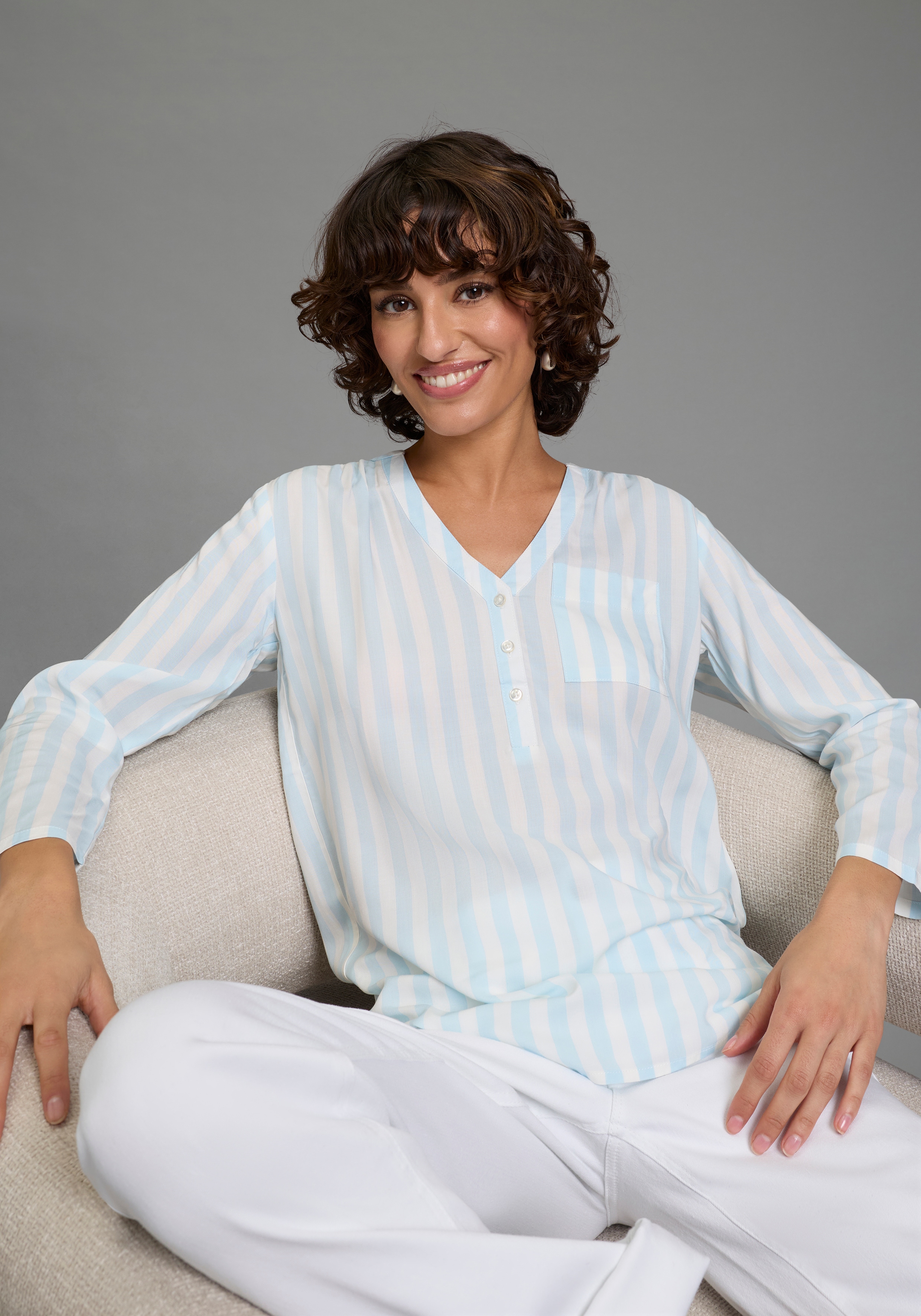 Schlupfbluse LAURA SCOTT, Damen, Gr. 36, blau gestreift, Web, Obermaterial: 100% Viskose, gestreift, bequem hüftbedeckend, V-Ausschnitt, mit Riegel krempelbar, Blusen Schlupfbluse, gestreifte Langarmbluse, leicht transparent, V-Ausschnitt