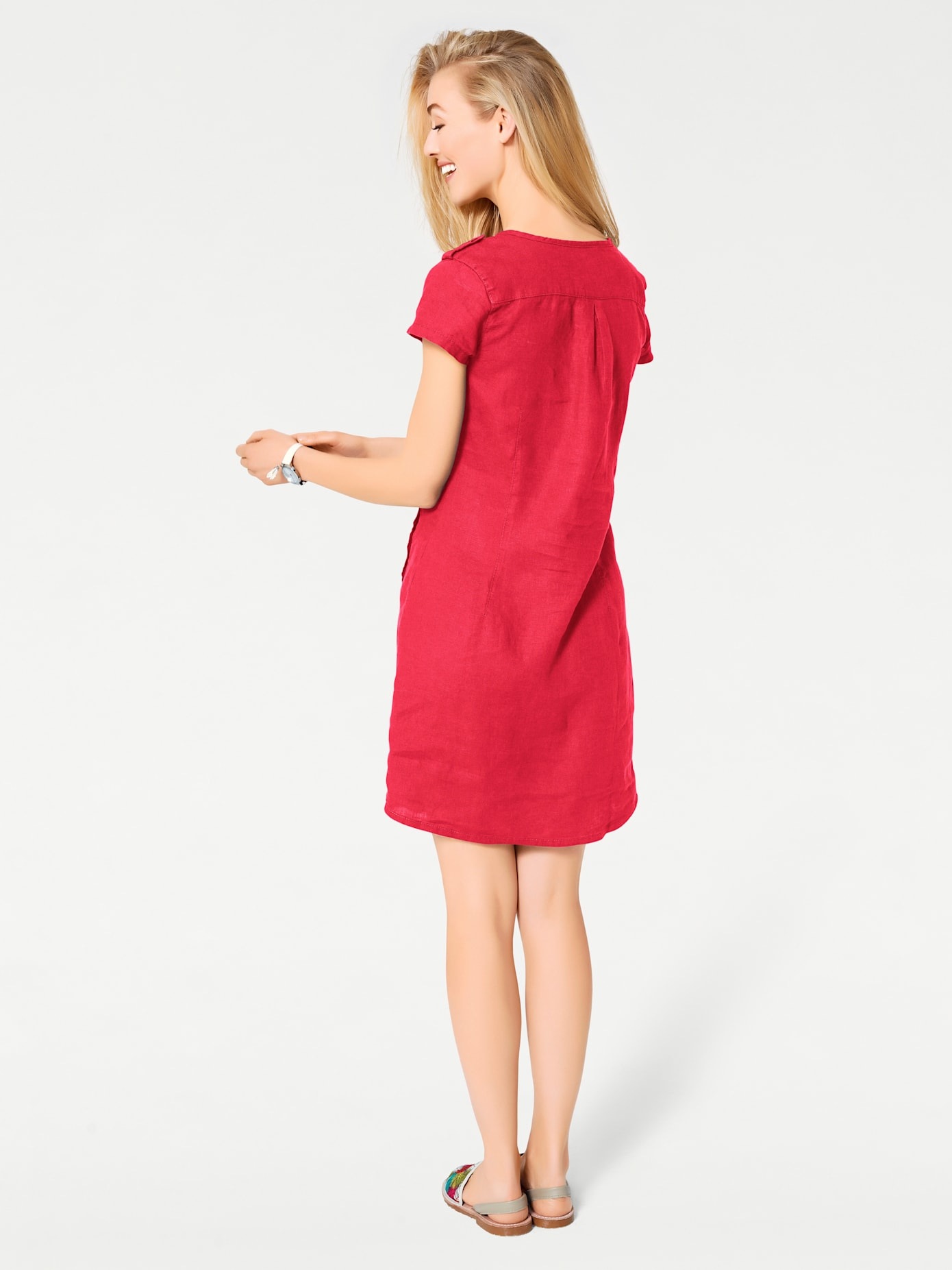 Sommerkleid HEINE "Leinenkleid", Damen, Gr. 40, Normalgrößen, rot, 100% Leinen, unifarben, kurz, Rundhals, Kleider Sommerkleid 3