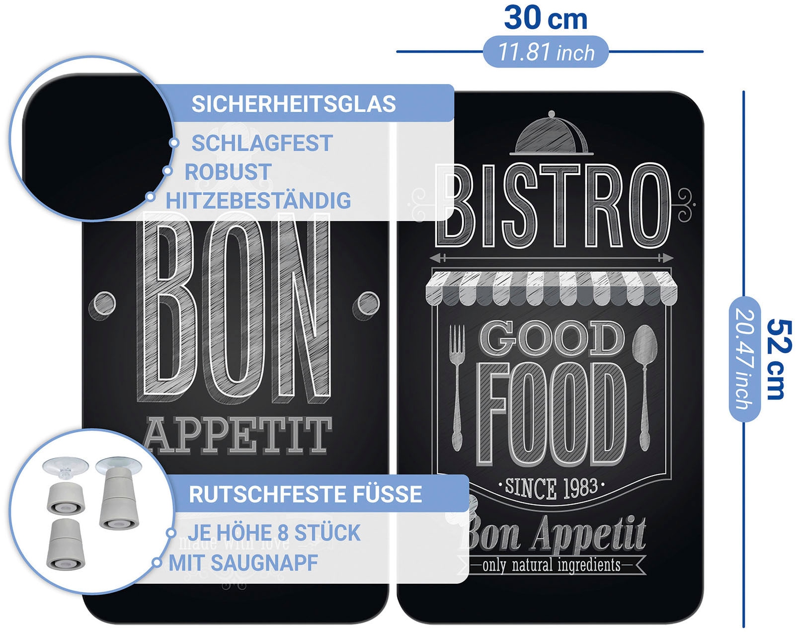 WENKO Herd-Abdeckplatte »Universal Modell Bon Appetit«, (Set, 2 tlg.), Herdabdeckung für alle Herdarten, kratzfest, mit rutschfesten Füßen