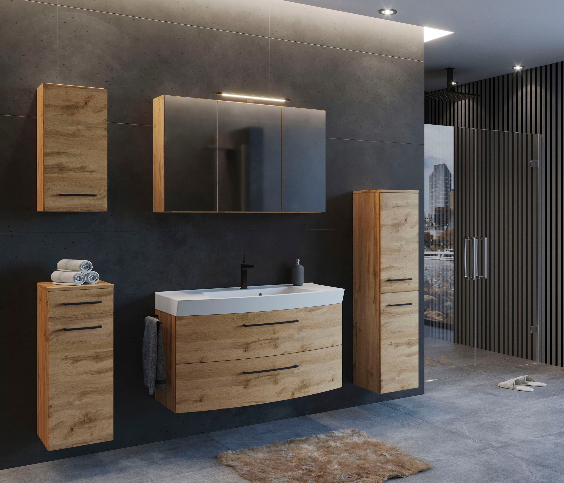 welltime Badmöbel-Set »Chicago«, (3 St., Spiegelschrank, Waschtisch, Midischrank), mit Mineralgussbecken