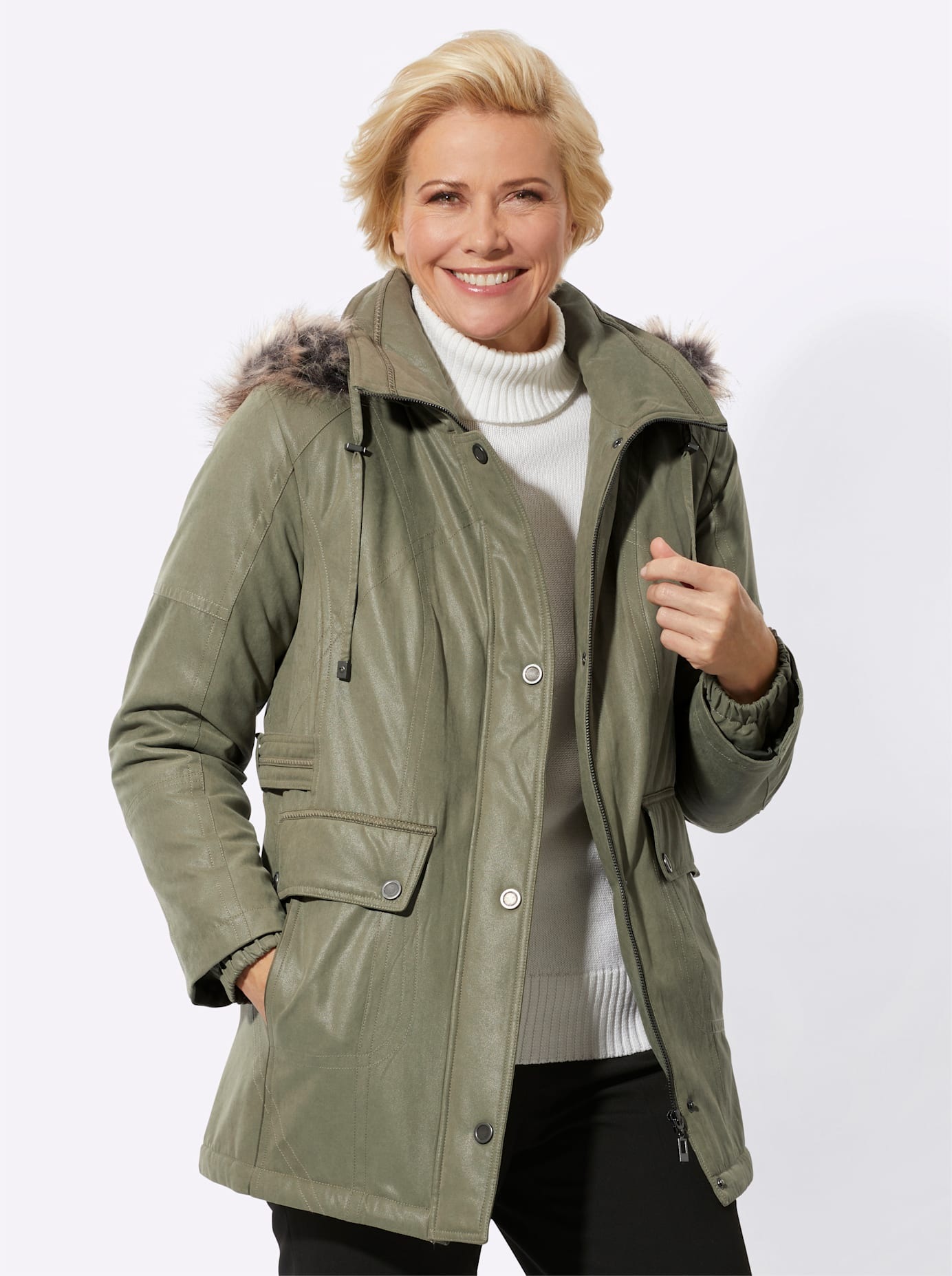 Langjacke CLASSIC, Damen, Gr. 52, grün (khaki), 92% Polyester, 8% Polyamid, Wattierung:100% Polyester, unifarben, Jacken Langjacke