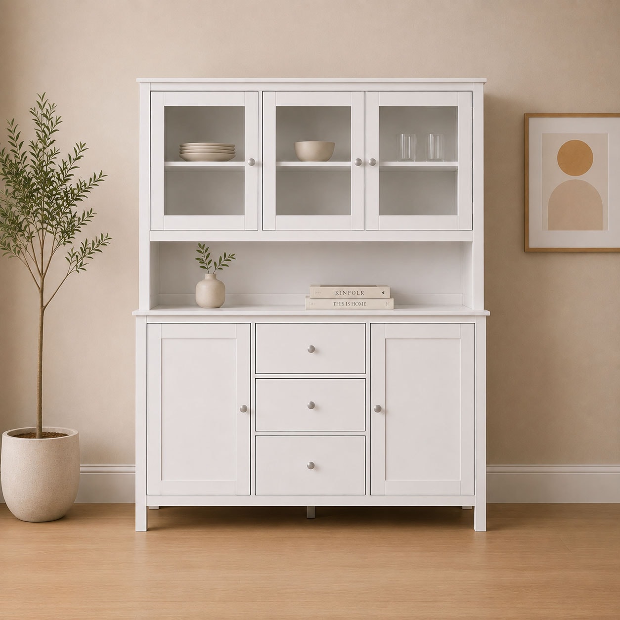 Inter Link Buffet "Pinora, Vitrine Kiefer Massivholz, Küchenschrank Weiss lackiert" 1 Stk. tlg. Geschirrschrank im Skandi Look, viel Stauraum, 160 x 39,50 x 197 cm