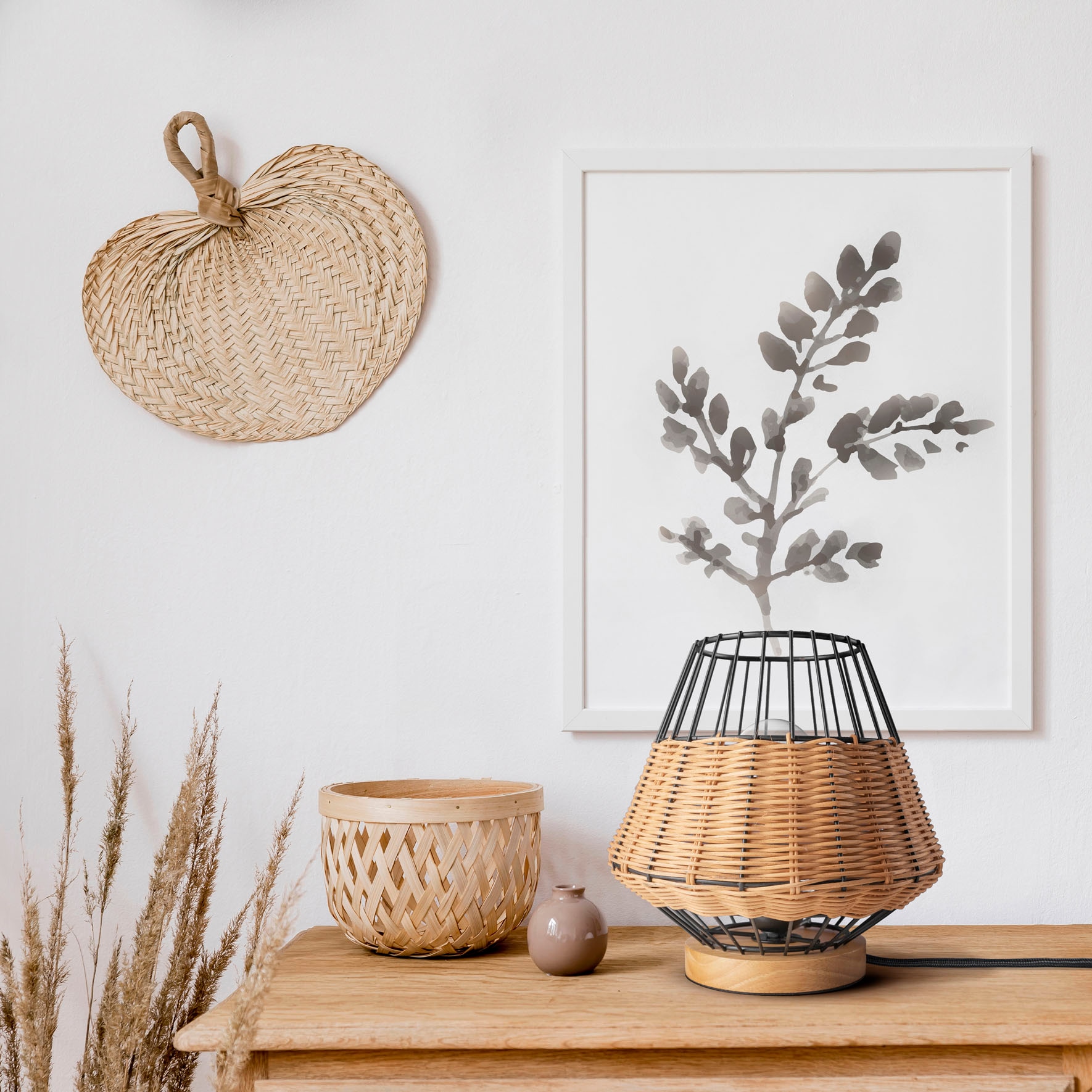 Paco Home Tischleuchte »PUNTO«, Lampe Boho E27 Rustikal BAUR Holz Nacht Style | Rattan Käfig LED