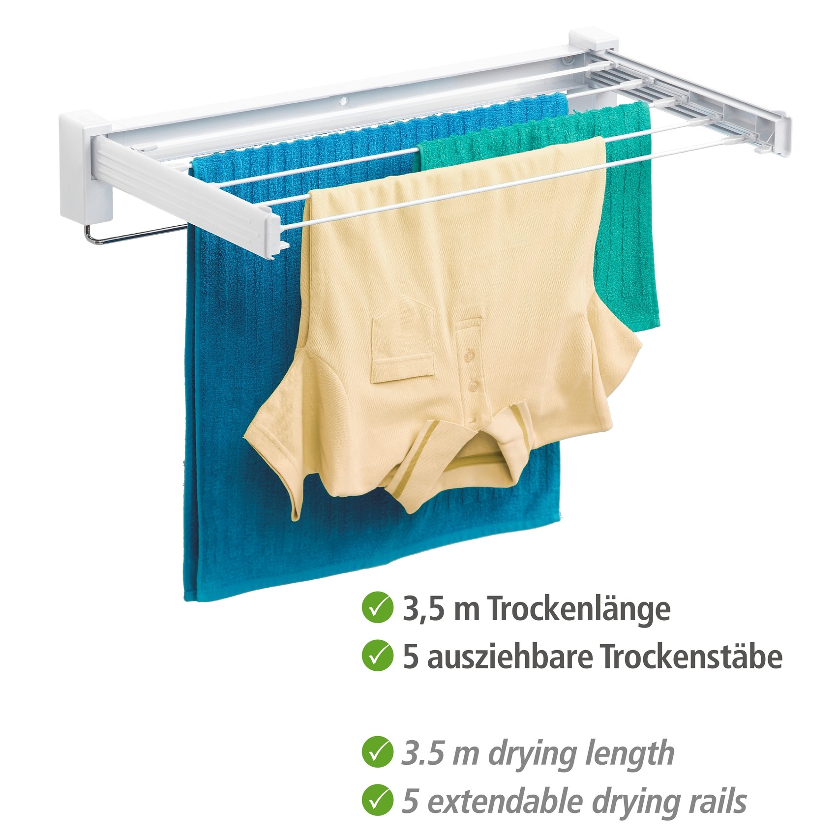 Thumbnail - WENKO Balkonwäschetrockner "Modell Butterfly" Wäschetrockner zur Wandmontage, 3,5 m Trockenlänge, mit Handtuchstange