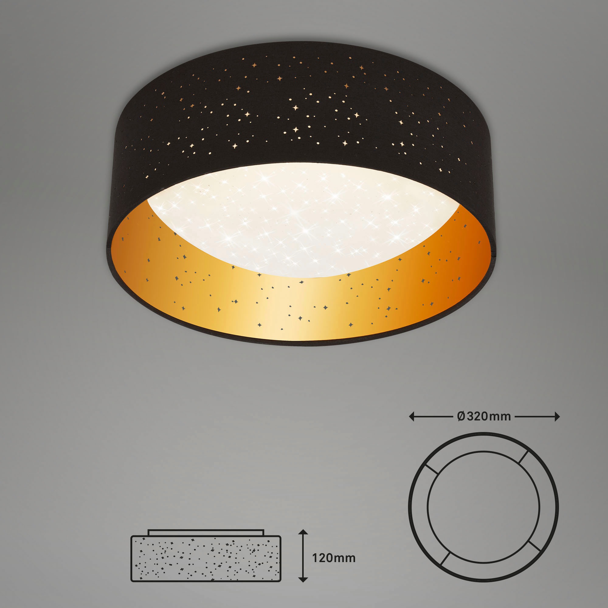 Briloner Leuchten LED Stoff-Deckenleuchte mit Sternendekor, schwarz-gold, 1 x LED fest integriert,  12W