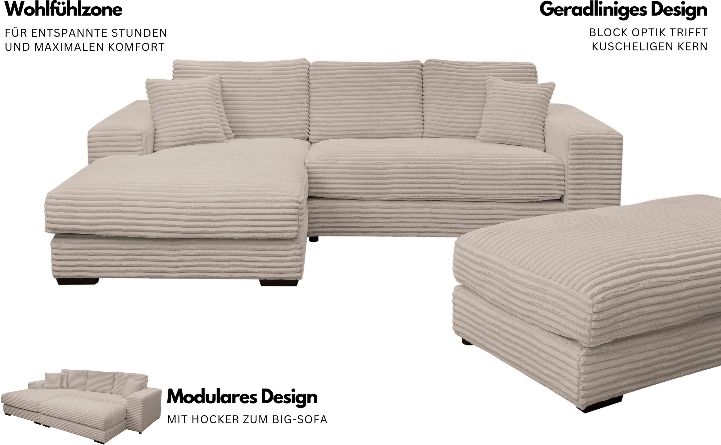 Thumbnail - WERK2 Polstergarnitur "Eden L-Form + Hocker. Mega Couch Breite 286cm, Cord" Set, Design Ecksofa + Hocker in Cord mit bes...