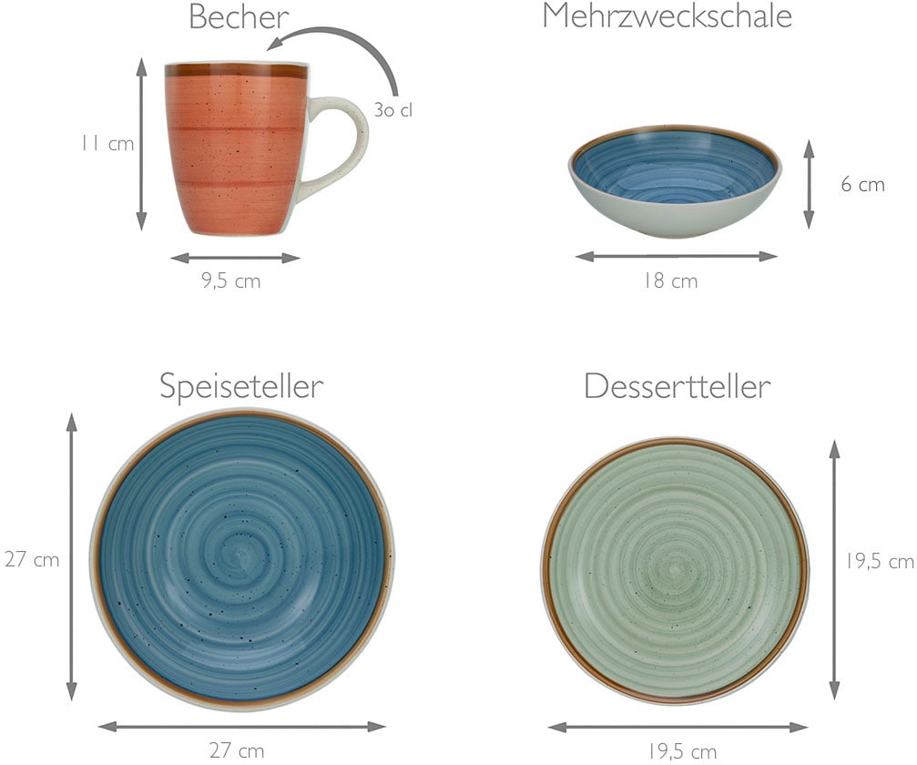 CreaTable Kombiservice »Geschirr-Set Country«, (Set, 24 tlg., Kaffeeservice und Tafelservice im Set, für 6 Personen), Service, Spiraldekor, 24 Teile, für 6 Personen