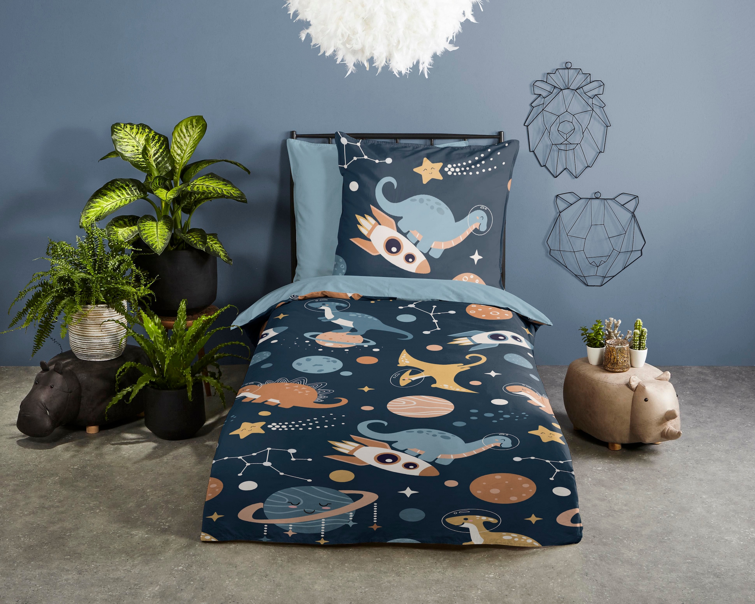 PURE luxury collection Kinderbettwäsche »Spacedino«, Trocknet schnell