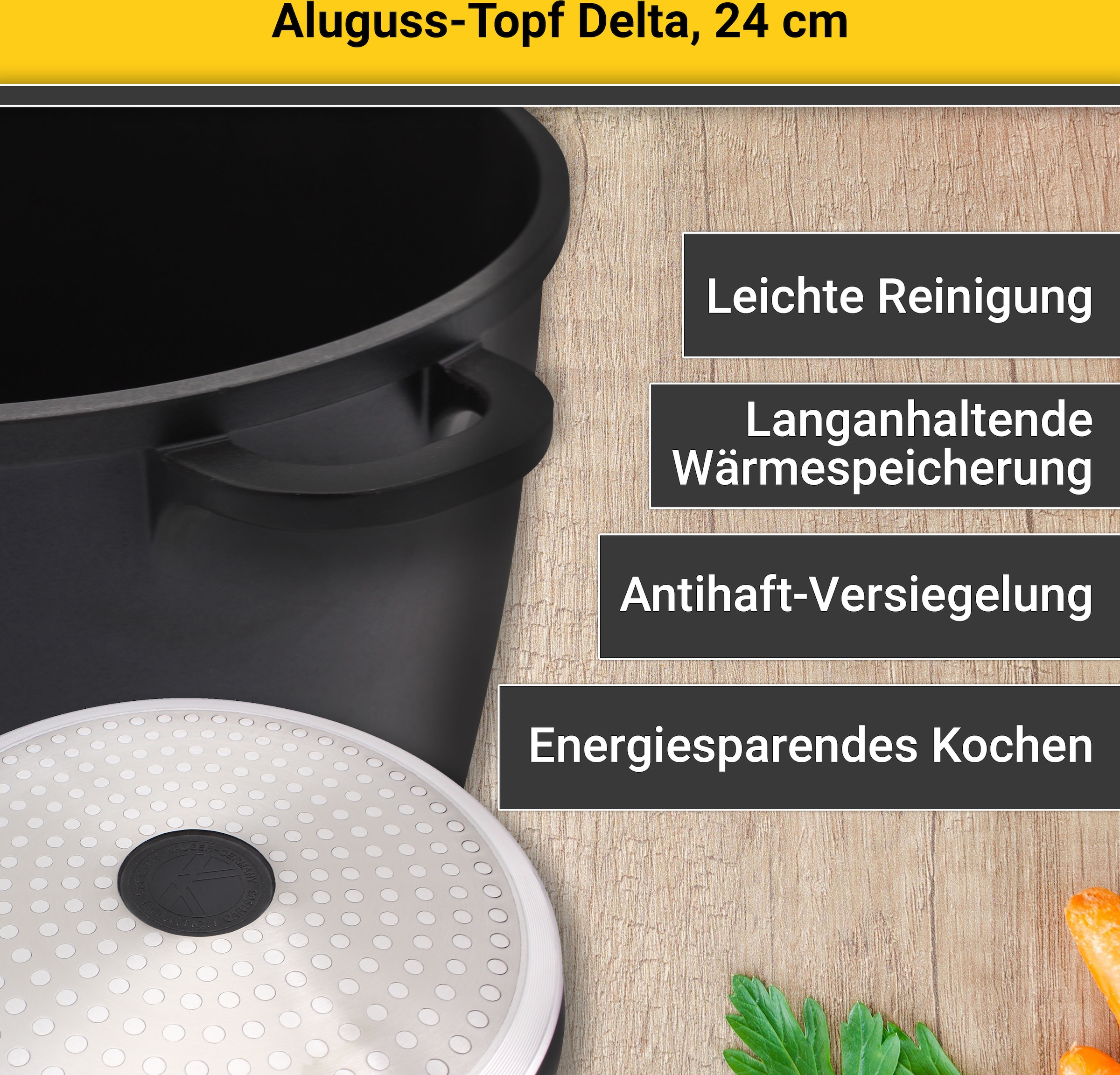 Krüger Fleischtopf »Aluguss Fleischtopf mit Glasdeckel DELTA, 24 cm«, Aluminiumguss, (1 tlg.), für Induktions-Kochfelder geeignet