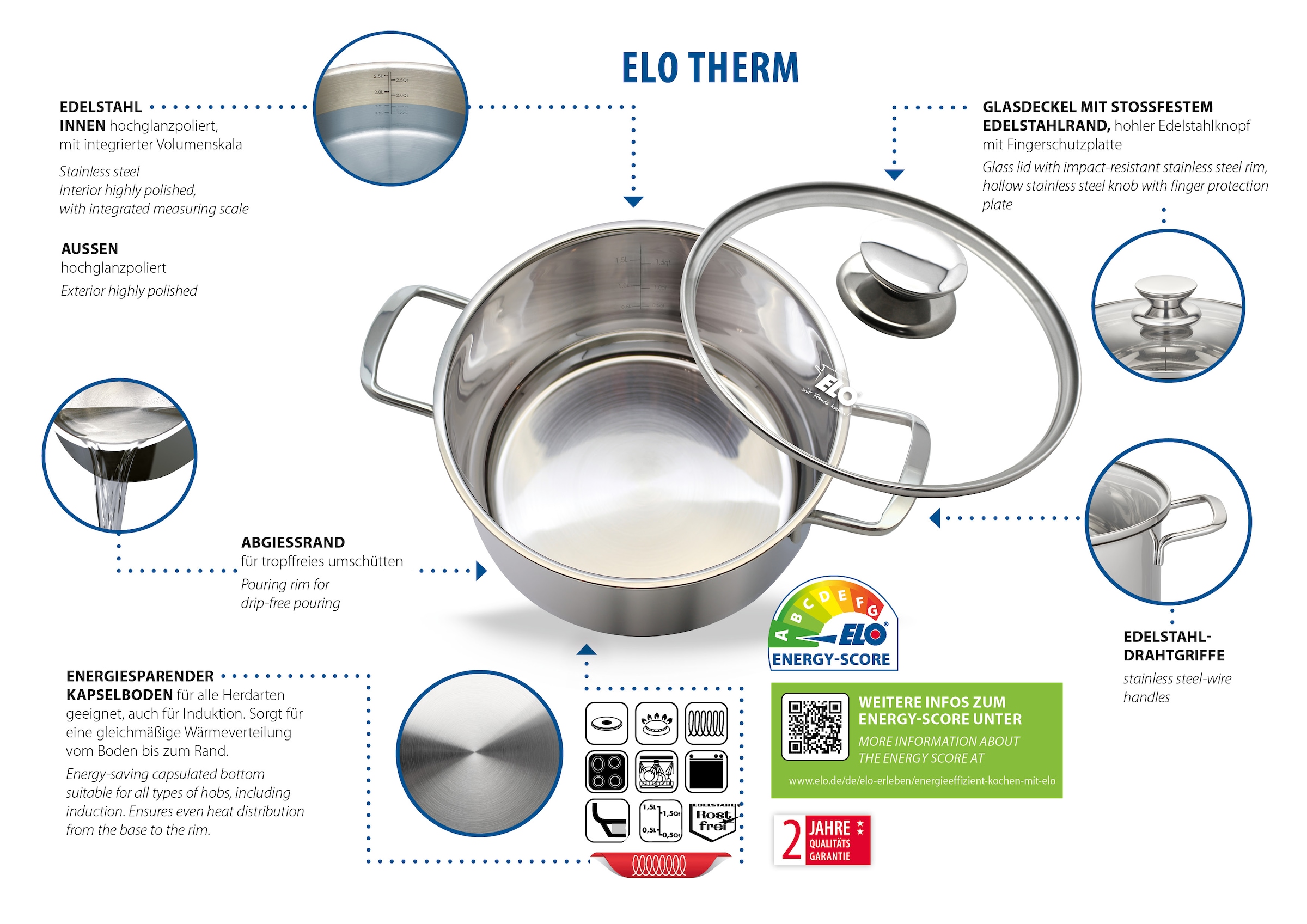 Elo Topf-Set »Elo Therm Topfset 5-teilig«, Edelstahl, (Set, 8 tlg.), Volumenskala