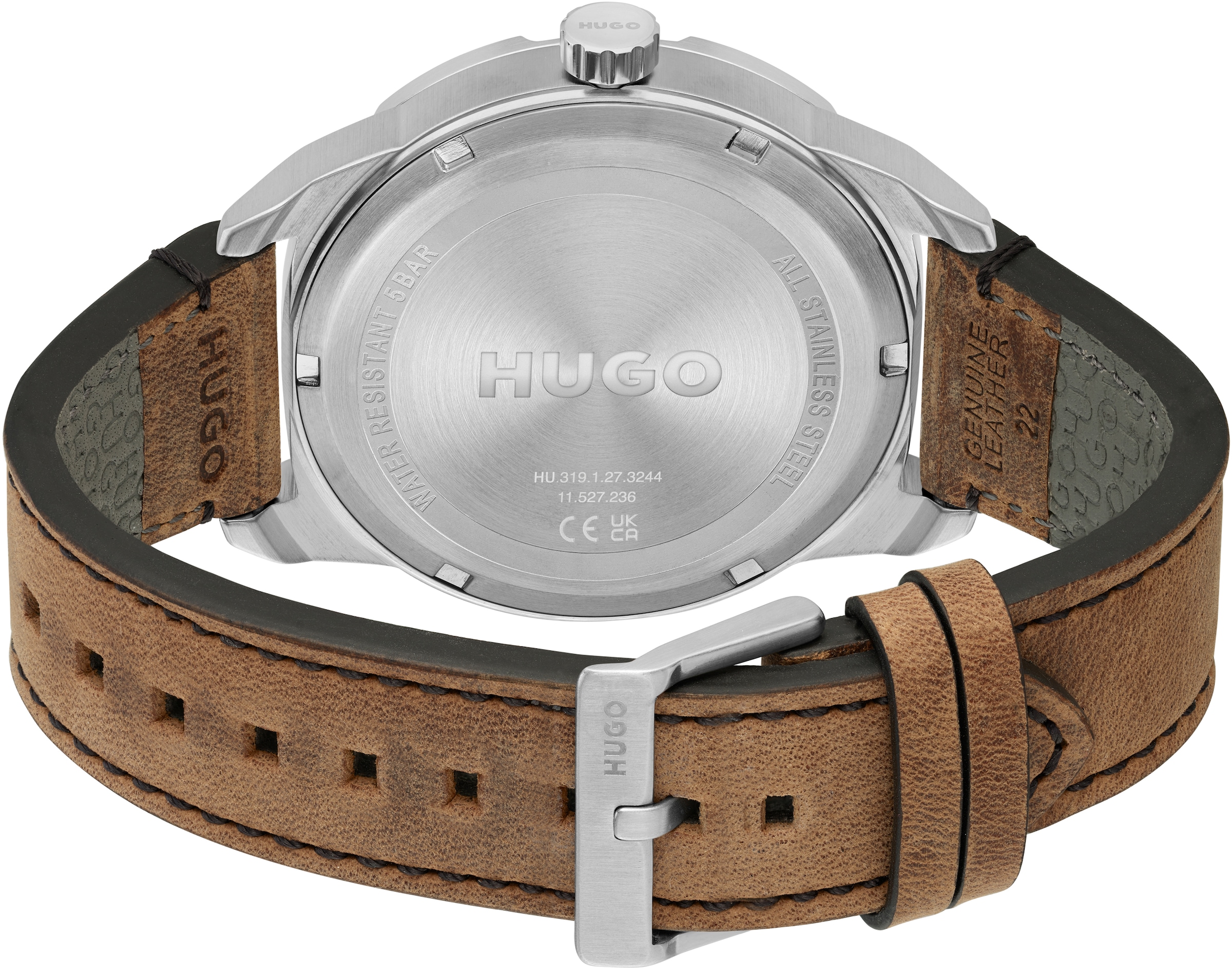 HUGO Multifunktionsuhr »#GRIP, 1530274«, Quarzuhr, Armbanduhr, Herrenuhr, Datum, Lederarmband