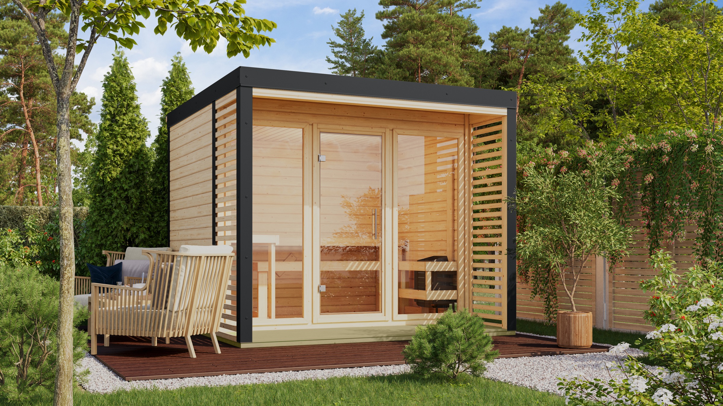 Karibu Saunahaus ""Adrian 3" naturbelassen/anthrazit" in verschiedenen Ausführungen erhältlich. Ofen 9 kW externe Strg easy