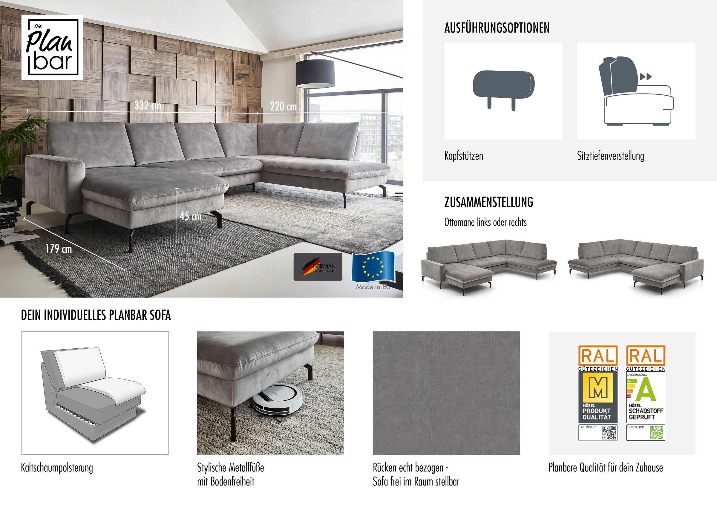 Die PlanBar Wohnlandschaft wahlweise mit Kopfstützen und Sitztiefenverstellung