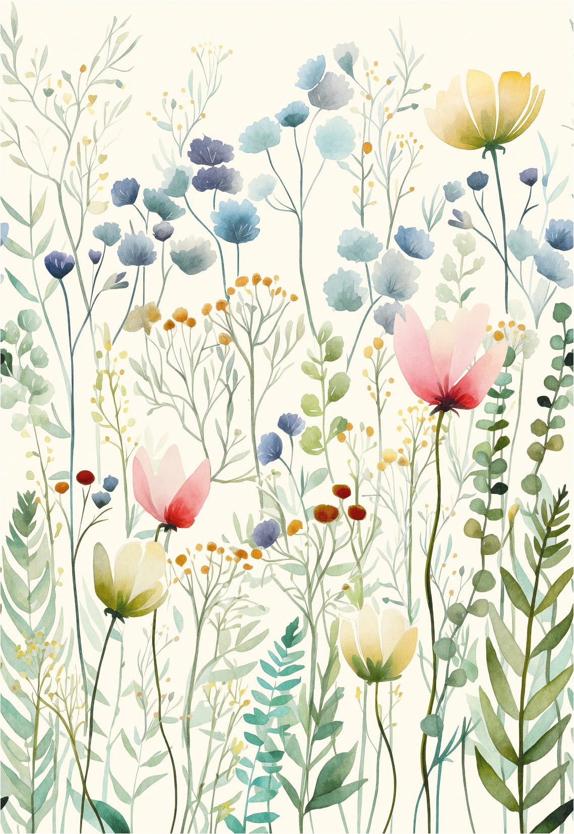 living walls Fototapete »The Wall 4 Flowers – Blumenwiese mit Blätterranken Vlies-Fototapete« botanisch | floral | matt leicht strukturiert Blumenwiese mit Blätterranken – natürlicher Tiefenwirkung