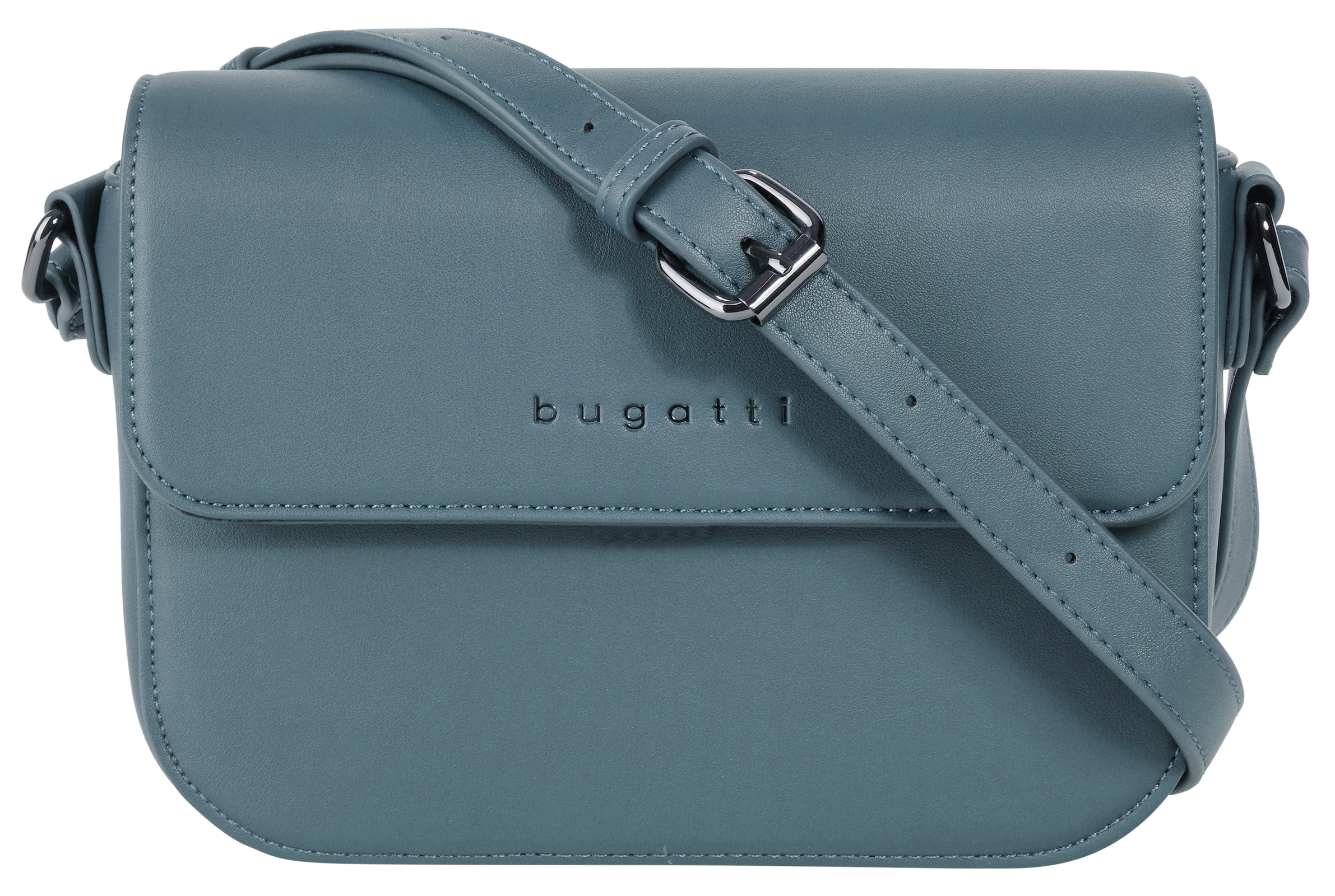 Umhängetasche BUGATTI "ALMATA", Damen, Gr. B/H/T: 22cm x 15cm x 8cm onesize, blau, Kunstfaser, leicht glänzend, unifarben, Taschen Umhängetasche