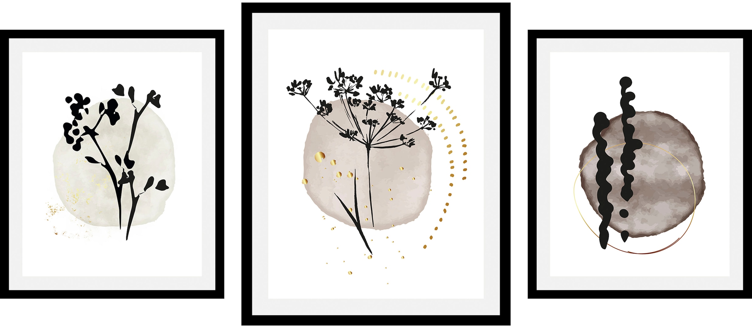 queence Bild "Set Hamara" Abstrakt Blumen Figuren Pflanzen Pflanzenbilder Schwarz-Weiß 1 Stk. tlg. gerahmt