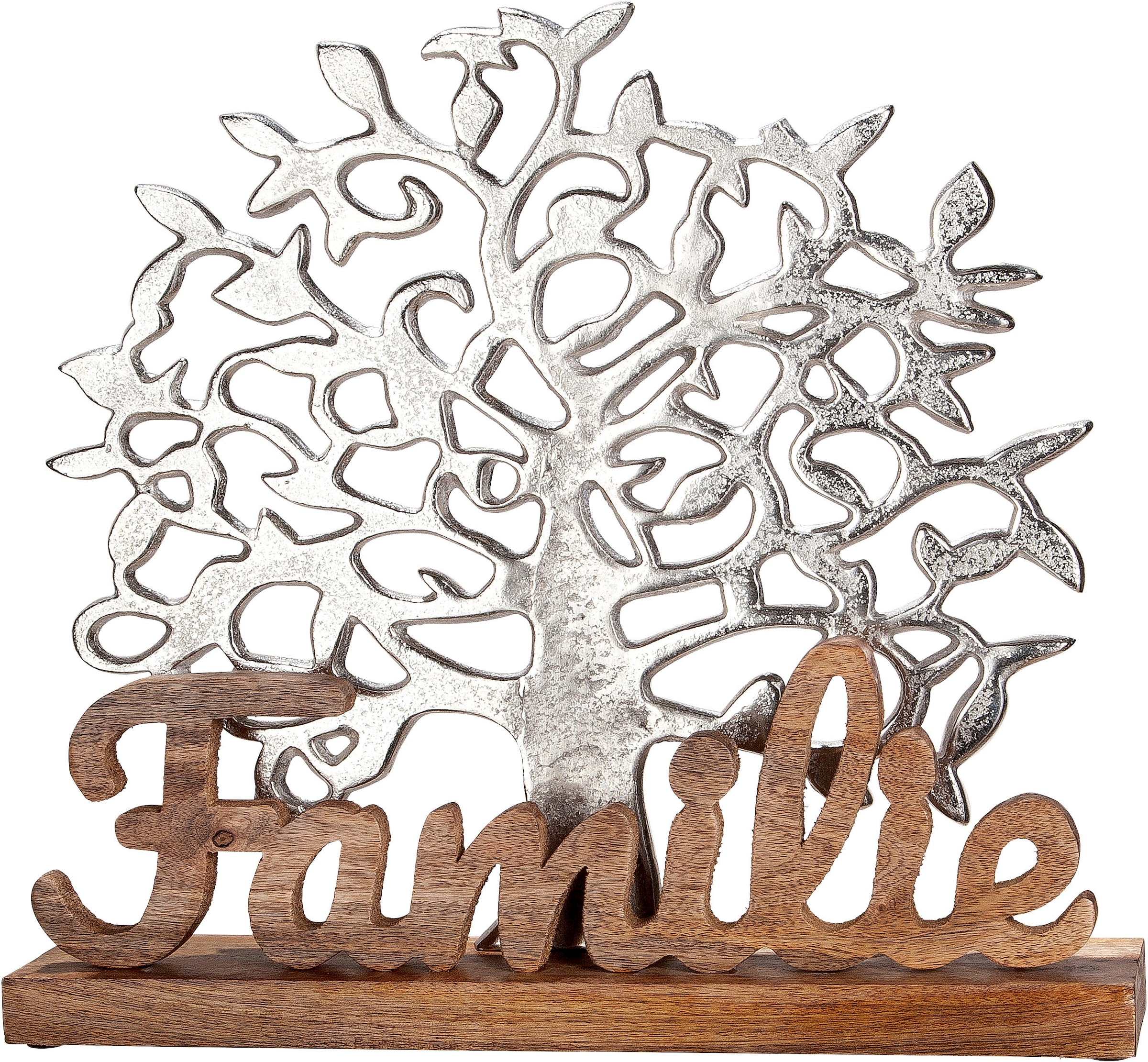 GILDE Dekofigur »Lebensbaum Familie, natur/silber«, Dekoobjekt, Höhe 51 cm, mit Schriftzug, aus Metall & Holz, Wohnzimmer