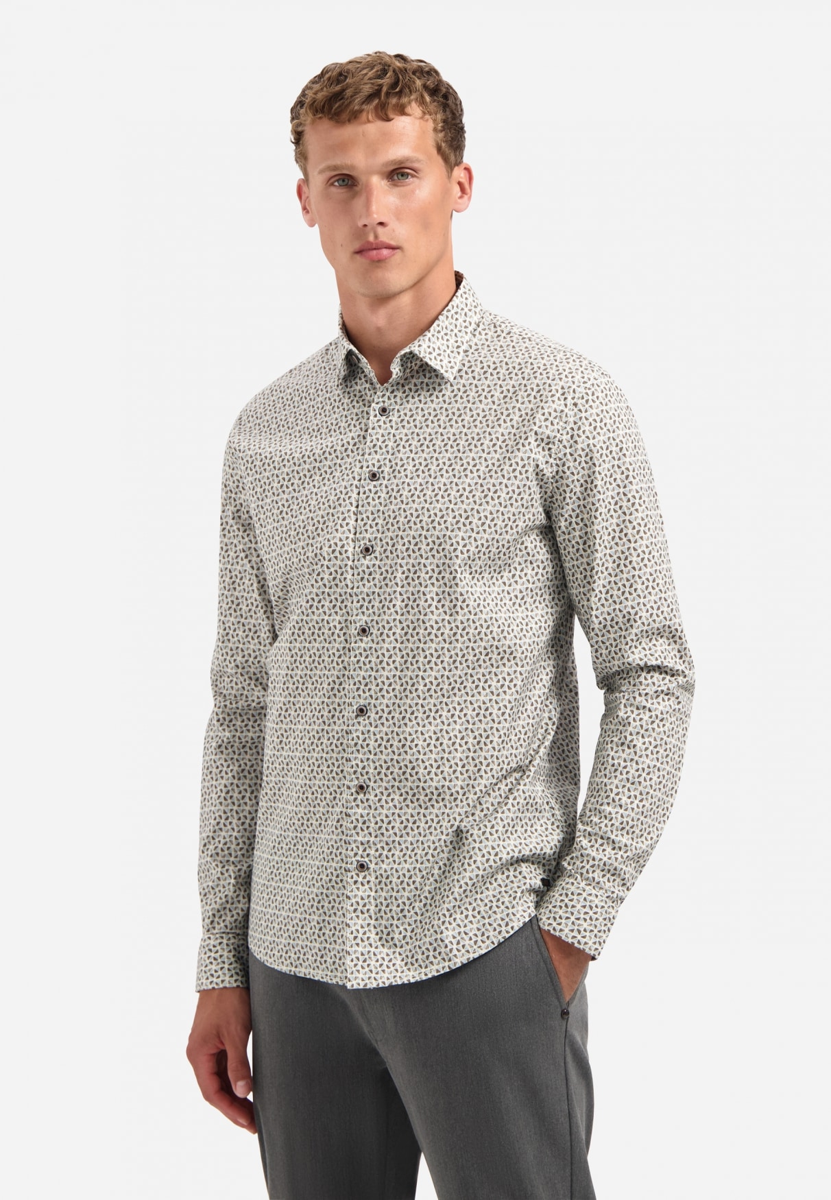 NO EXCESS Herren Langarmhemd "No Excess Stretchhemd mit Print Shirt Stretch Allover Printed"taupe, Gr. L, 97% Baumwolle, 3% Elasthan, Hemden