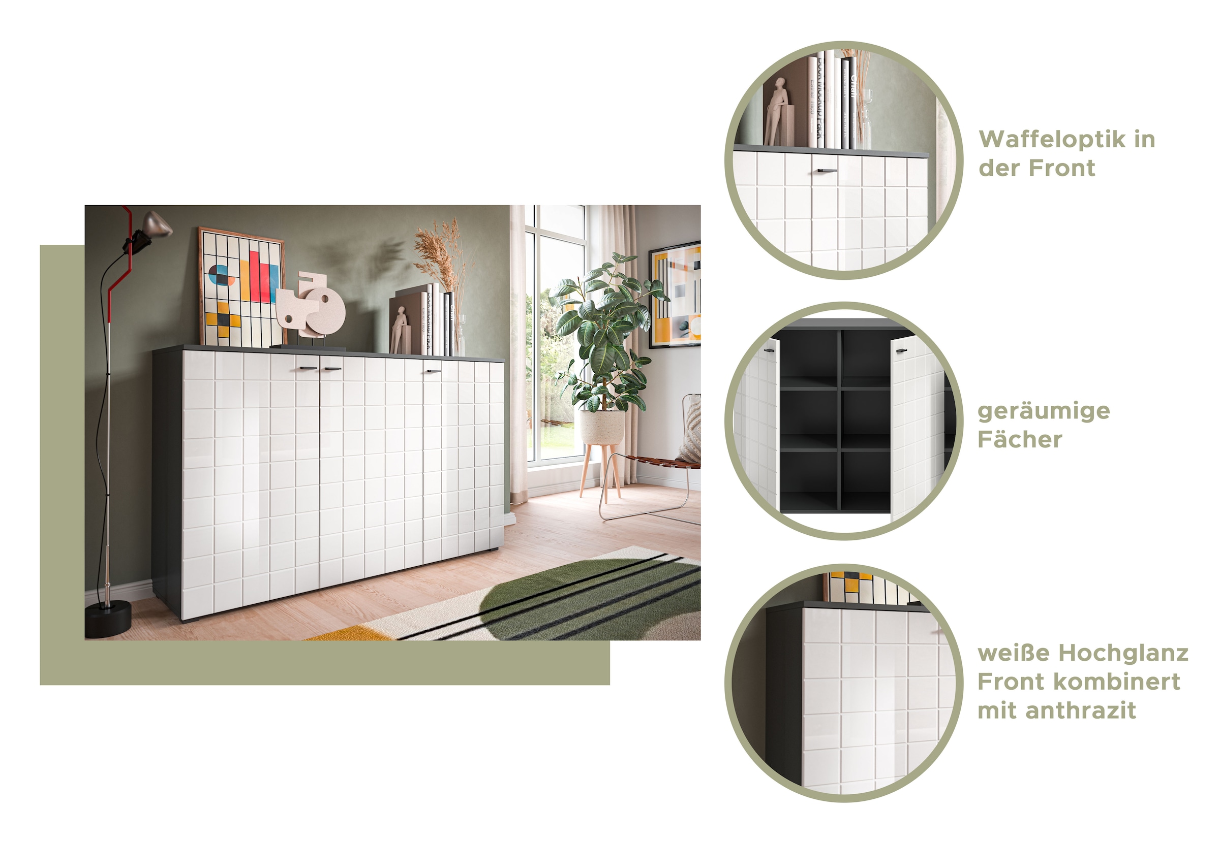 INOSIGN Sideboard »Gora, Breite 138 cm, gefräste Front in Waffeloptik hochglanz«, Kommode, Schrank, Anrichte
