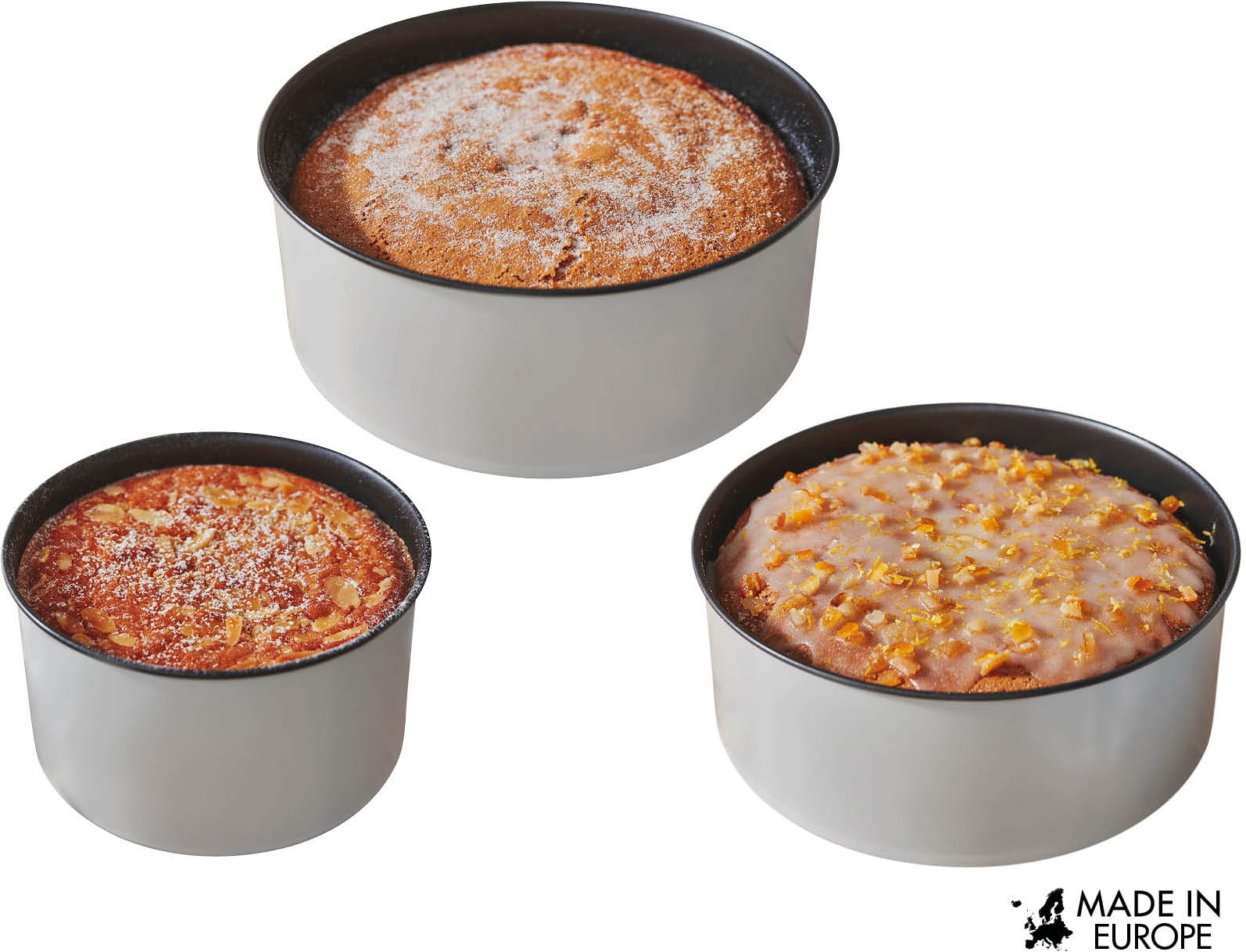 CHG Kuchenblech »PushPan, 3er Set, Ø 15 cm, 20 cm und 23 cm, Backformen aus Feinblech«, Metall-Silikon, (Set, 3 St.), patentierte Silikondichtung, 100 % auslaufsicher, Made in Europe