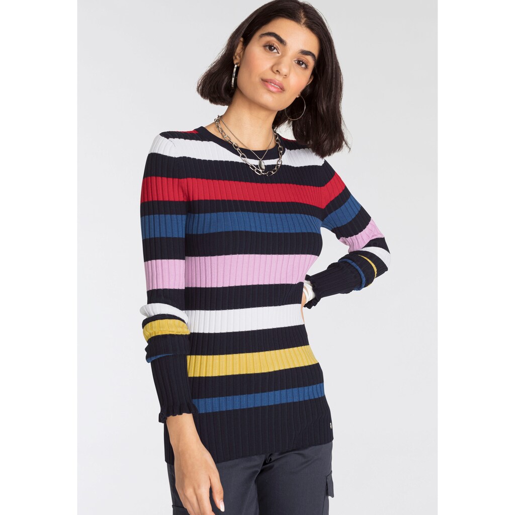 Damenmode Pullover AJC Rundhalspullover, mit multicolor Streifendesign & Rüschenkante - NEUE KOLLEKTION bunt-gestreift Damenmode Pullover AJC Rundhalspullover, mit multicolor Streifendesign & Rüschenkante - NEUE KOLLEKTION bunt-gestreift