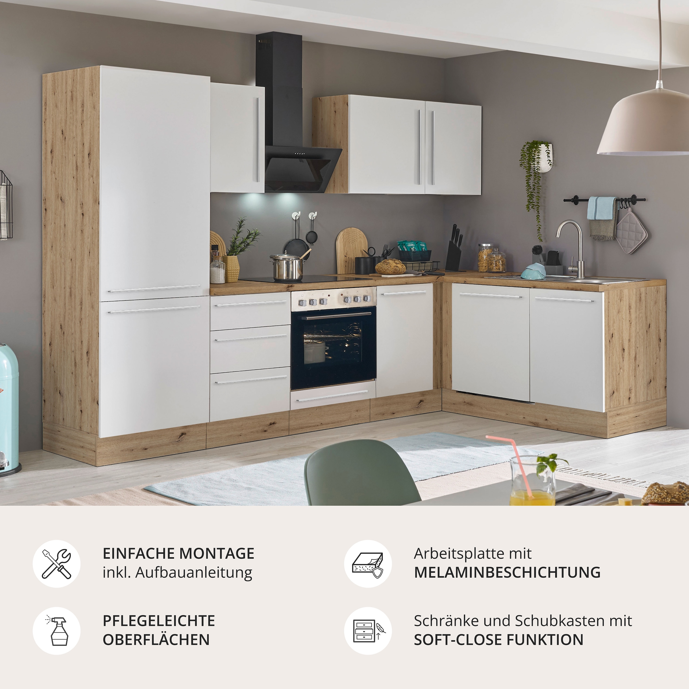 KOCHSTATION Winkelküche »Florida, Stellbreite 280x165 cm« wahlweise mit E-Geräten, mit Softclose für Türen und Schubkästen