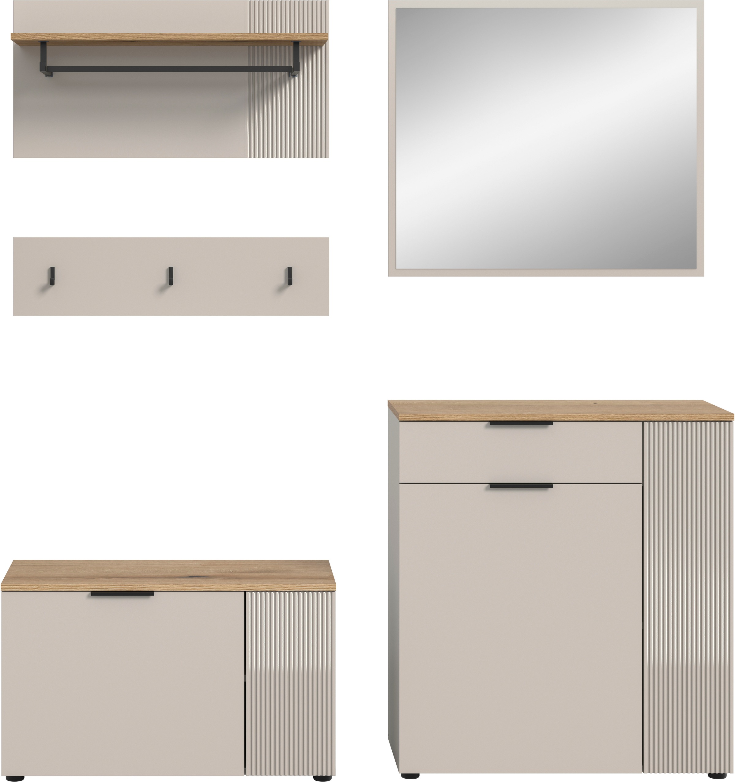 INOSIGN Garderoben-Set »EDIL, Breite 175 cm, 5-teilig, Front mit hochwertiger Längstfräsung« Set, best. aus: Sitzbank, Paneel, Hakenleiste, Kommode & Spiegel, 4 Stk. tlg. Garderobenkombination, Kombination, Set, Garderobe, Flurgarderobe