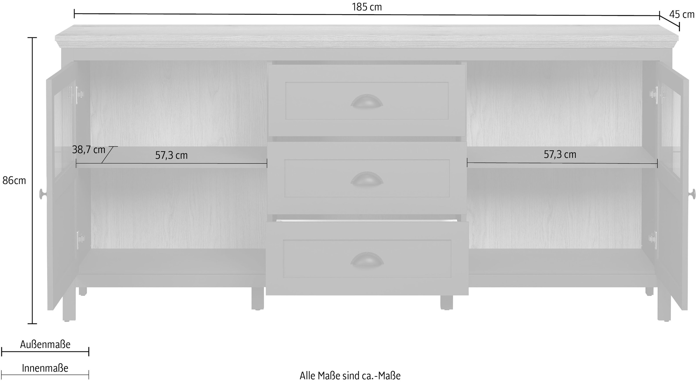 Home affaire Sideboard »Vienna«, Kommode im Landhausstil mit Muschelgriffen und Glastüren