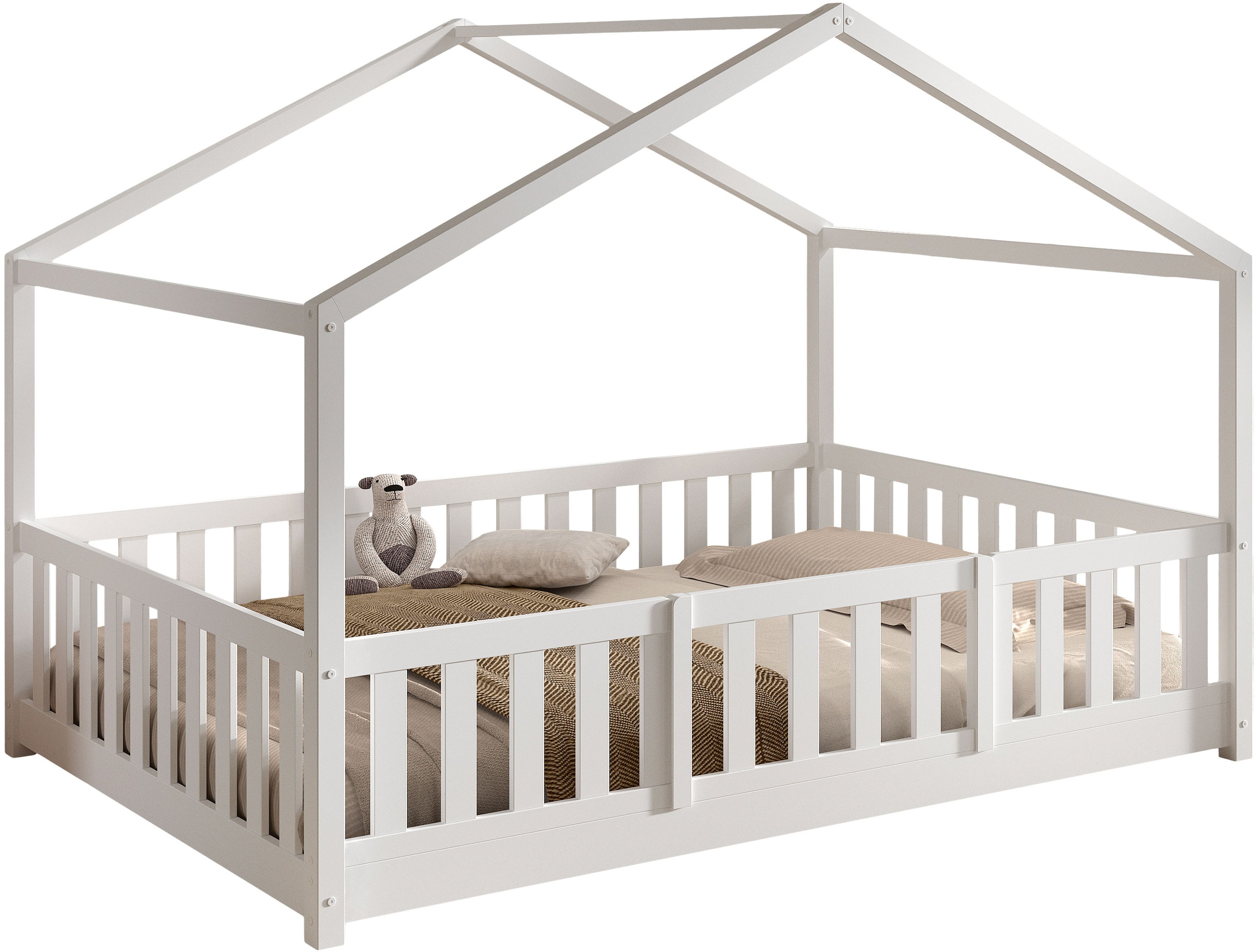 Vipack Hausbett "Dallas, Massivholzbett mit Dachaufbau umbaubar vom Boden- zum Daybett" mit Bettschublade, wahlweise Kiefer massiv natur oder weiß