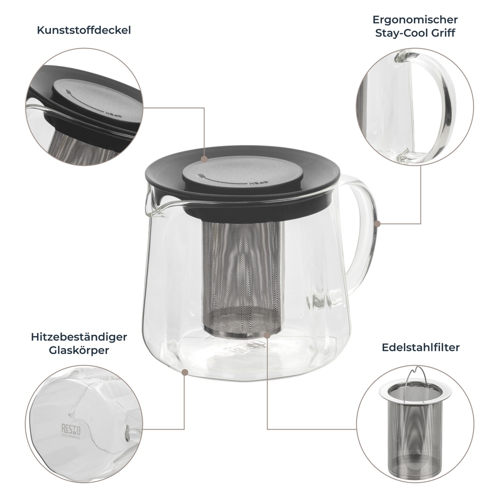 RESTO Kitchenware Teekanne »Ain, hitzebeständige Glaskanne im 3D Design, Höhe ca. 12 cm«, 1 l, (4 St.), mit herausnehmbarem Filtersieb aus Edelstahl, im Geschenkkarton