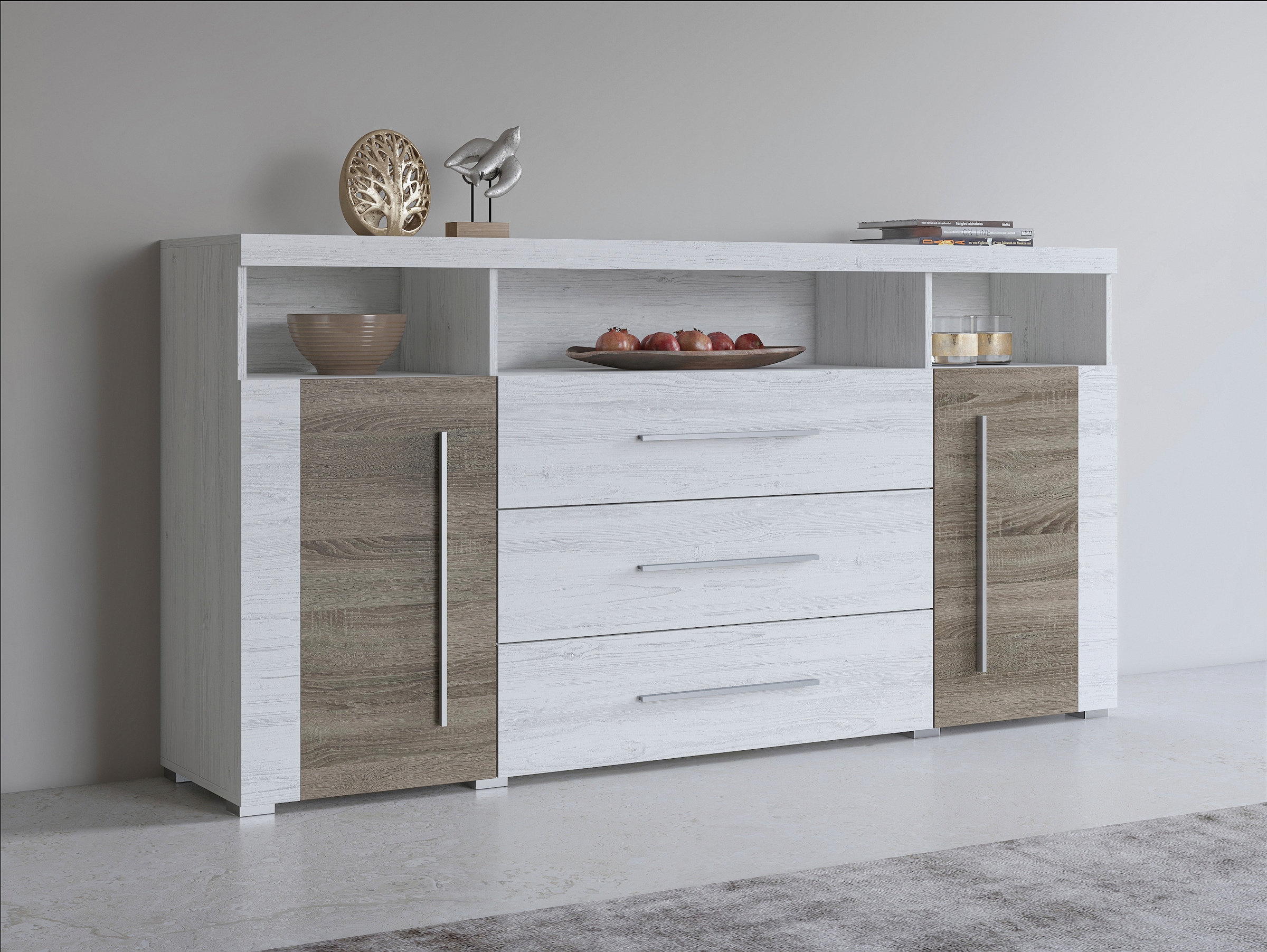 INOSIGN Sideboard "Roger,Breite 182cm, stilvolle Schrank, 2 Holztüren 3 Schubladen", Kommode mit viel Stauraum, Einlegeb