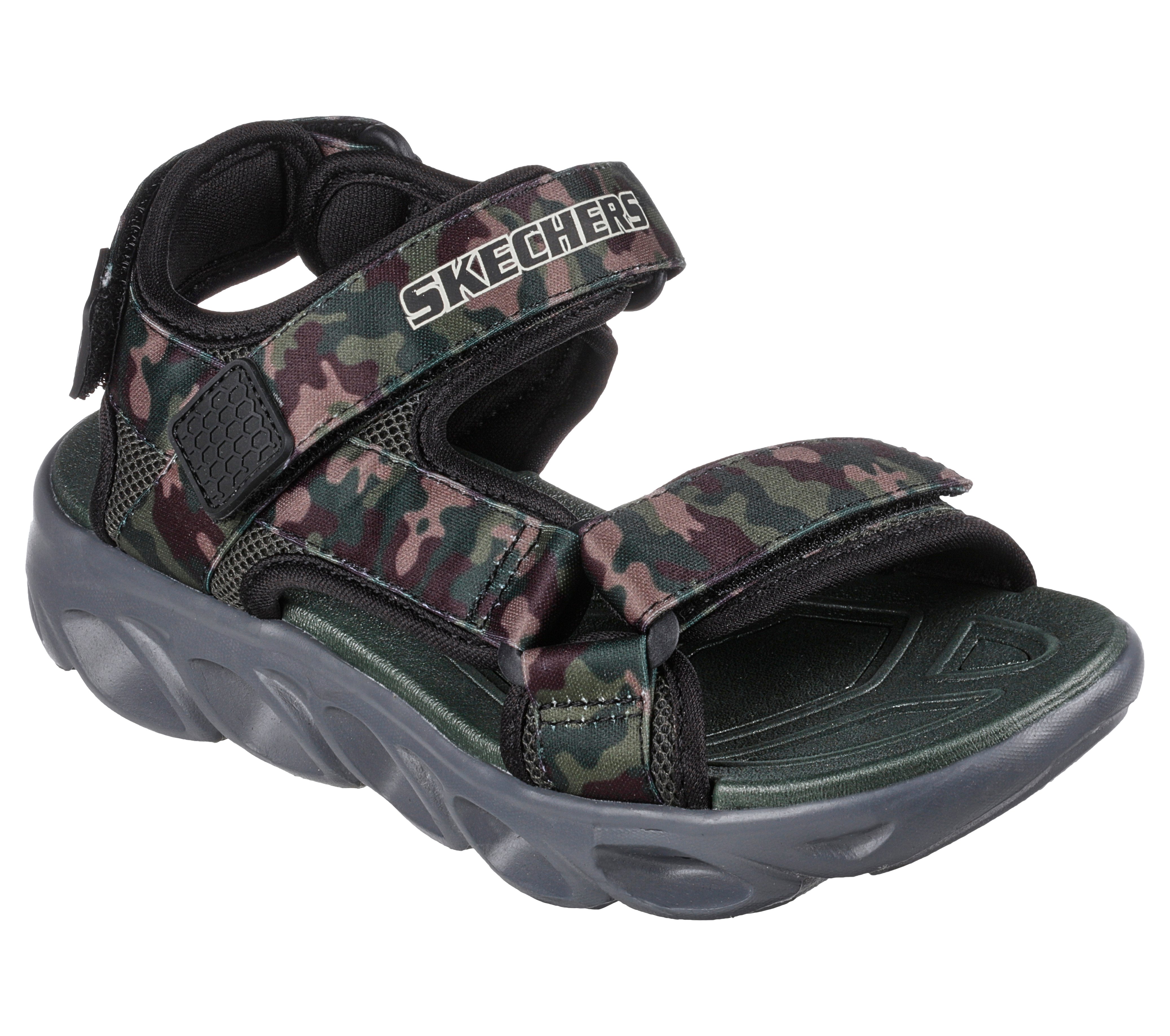 Sandale SKECHERS "HYPNO-SPLASH - SUN BREAKS", Mädchen, Gr. 37, schwarz, oliv, Textil, tarnfarben, Schuhe Sandale, Sommerschuh mit Klettverschluss, Größenschablone zum Download