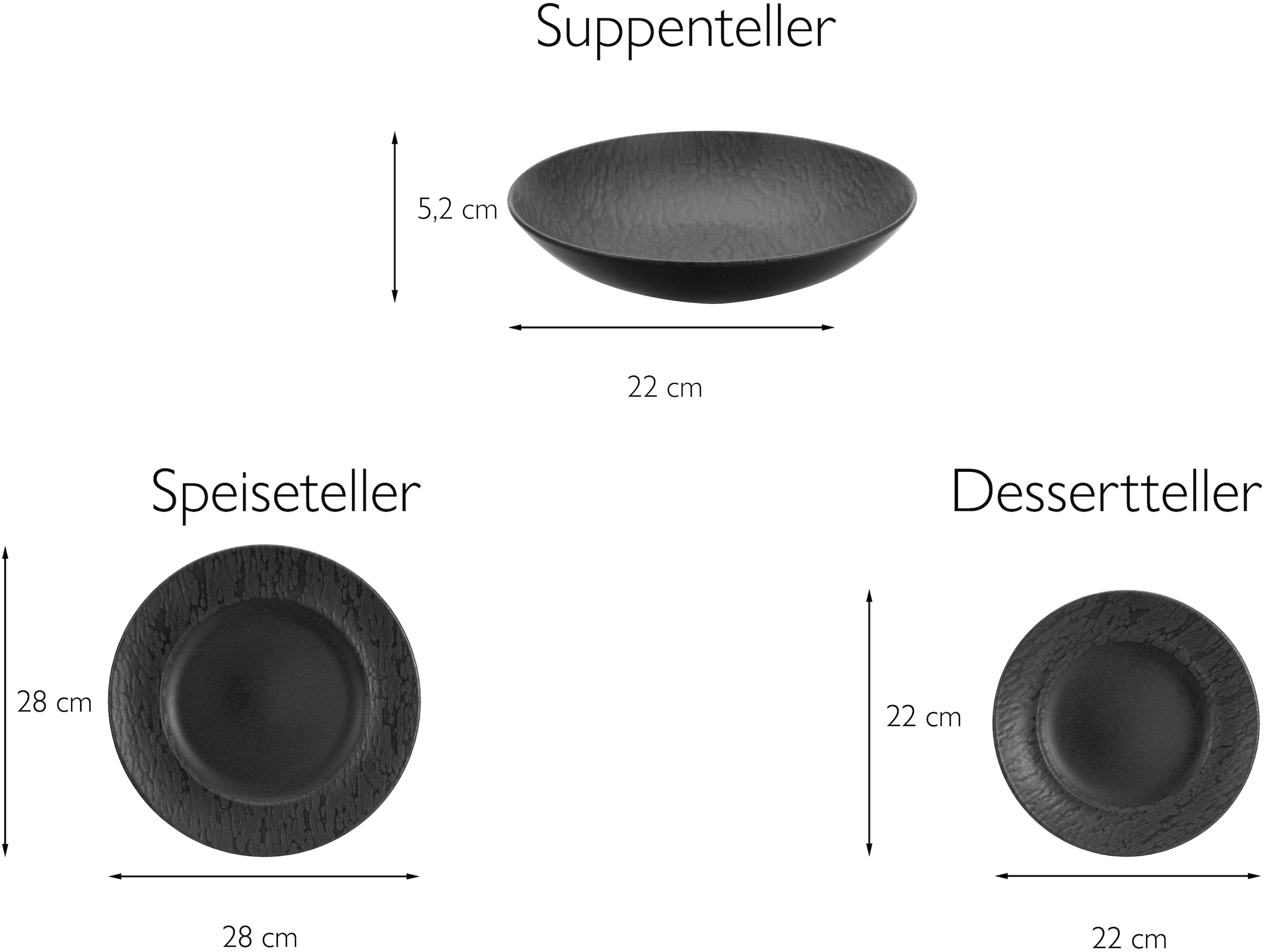 CreaTable Teller-Set »Geschirr-Set Schiefer«, (Set, 12 tlg., Tafelservice für 4 Personen), Service, schwarz, schieferoptik, 12 Teile, für 4 Personen