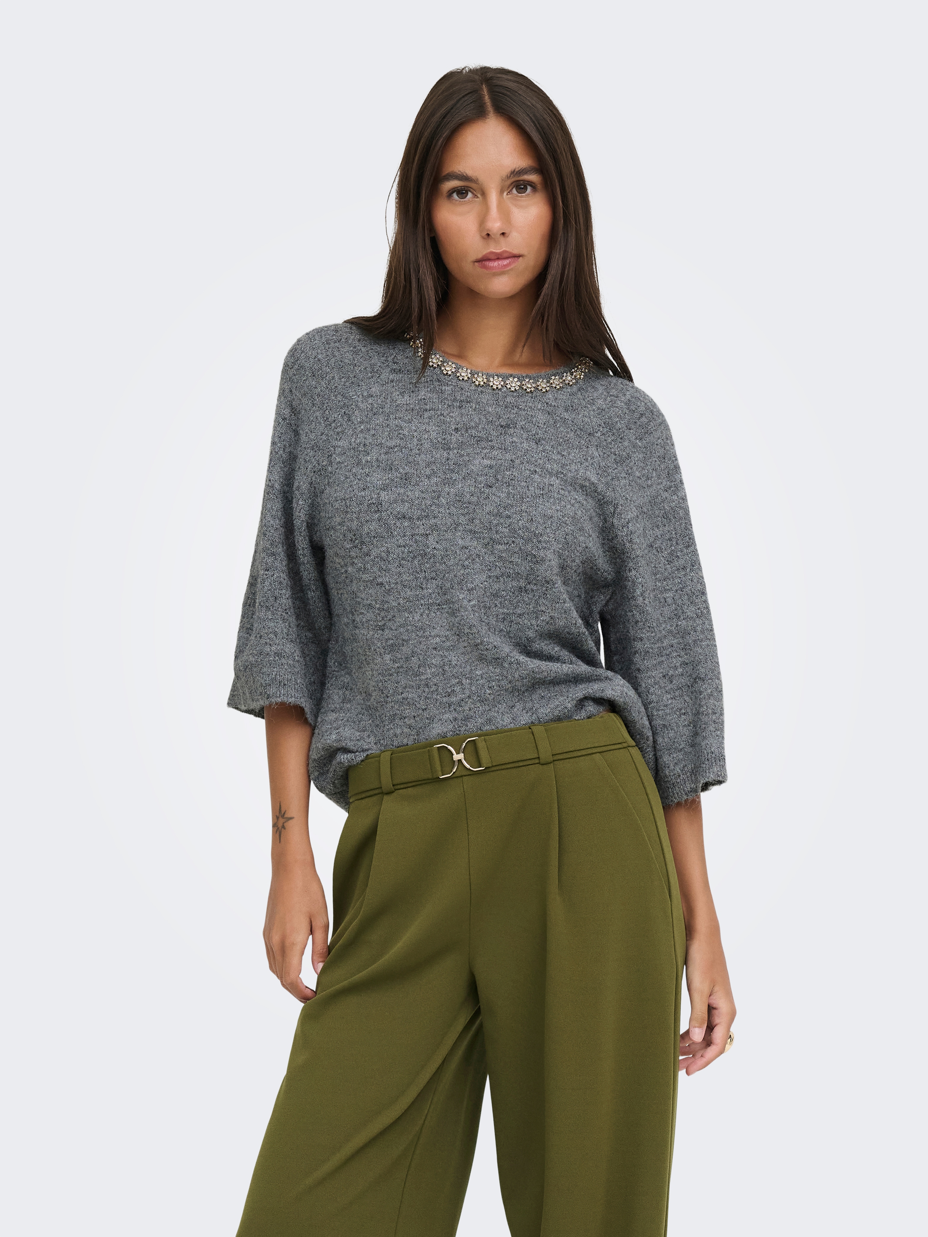 JDY Strickpullover "JDYALVA LIFE 3/4 EMBELLISH PULL KNT NOOS" Materialmix