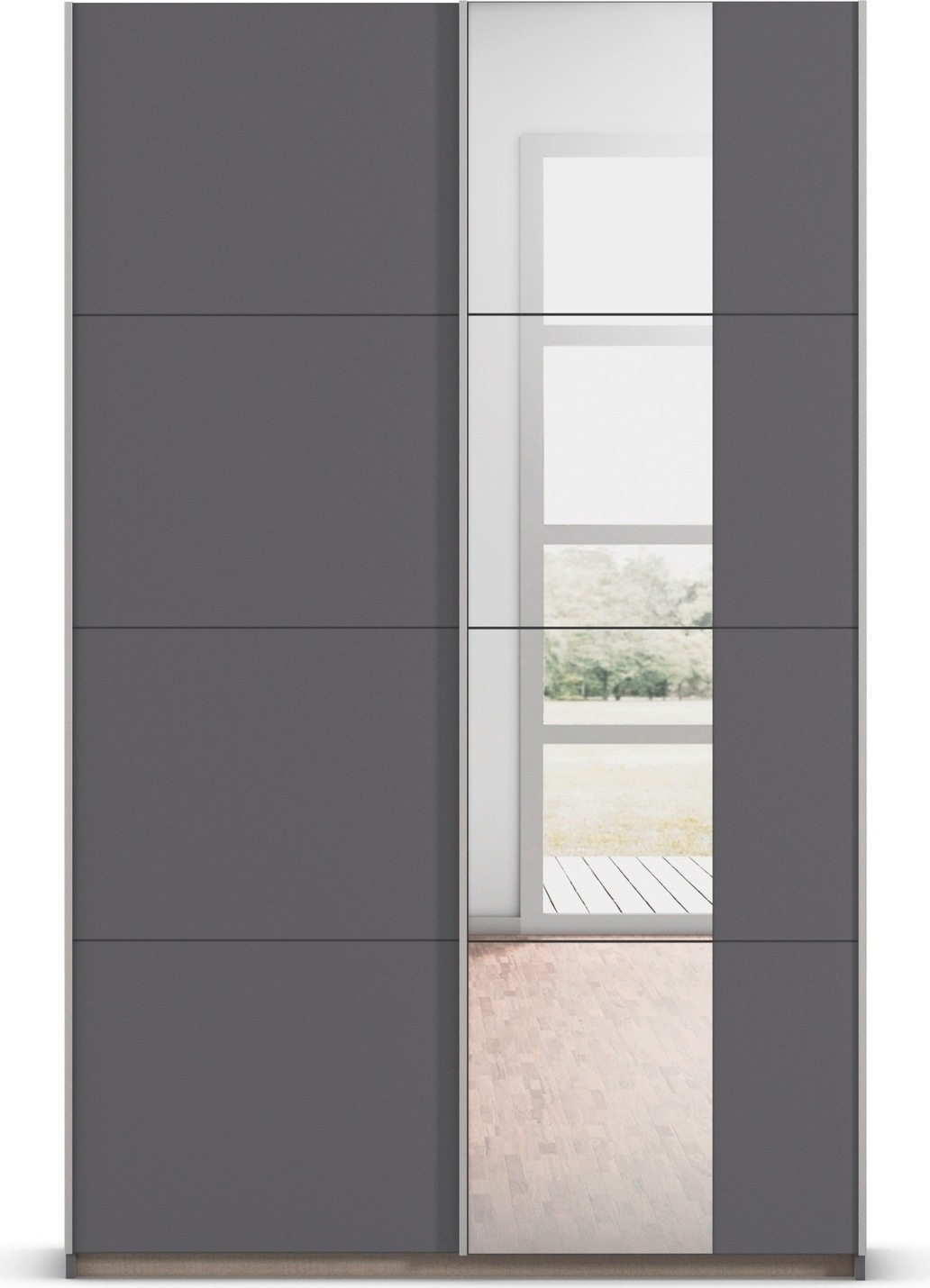 rauch Schwebetürenschrank »Kleiderschrank Schrank Garderobe Schlafzimmerschrank OXFORD«, (in 3 verschiedenen Ausstattungen BASIC/CLASSIC/PREMIUM), mit Griffleisten aus Metall, auch für kleinere Räume MADE IN GERMANY