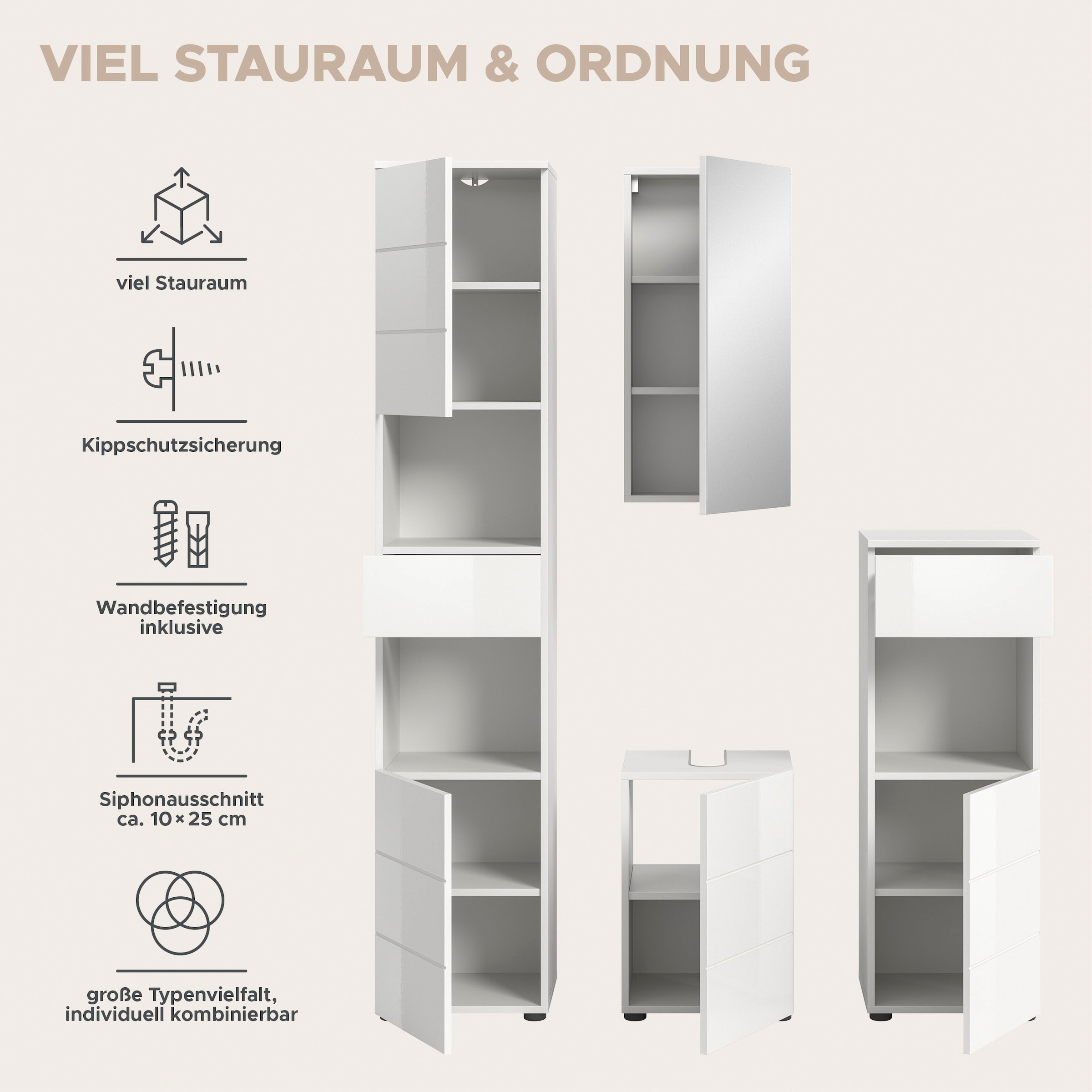 welltime Badmöbel-Set »Biel, Höhe 190 cm, Hochschrank, Unterschrank, Spiegel, Standschrank«, (4 St.), Bad Set, modernes Design, Hochschrank, Unterschrank, Spiegel