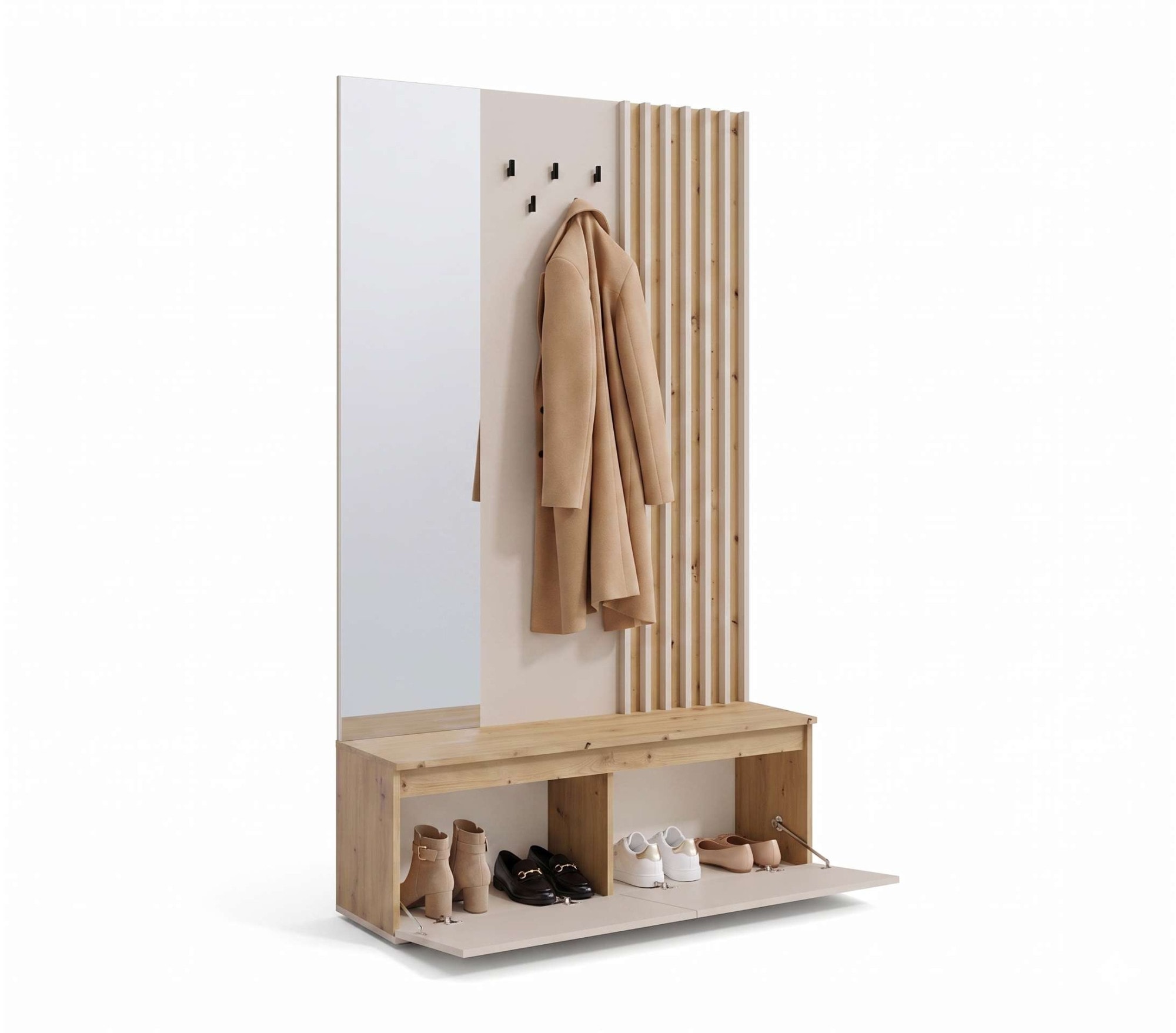 Home affaire Garderobenpaneel »LANDUVA Garderobe mit Schuhschrank, Spiegel und Haken, Breite 120 cm« Garderoben-Set, Kompaktgarderobe, mit Sitzbank, Lamellen Design