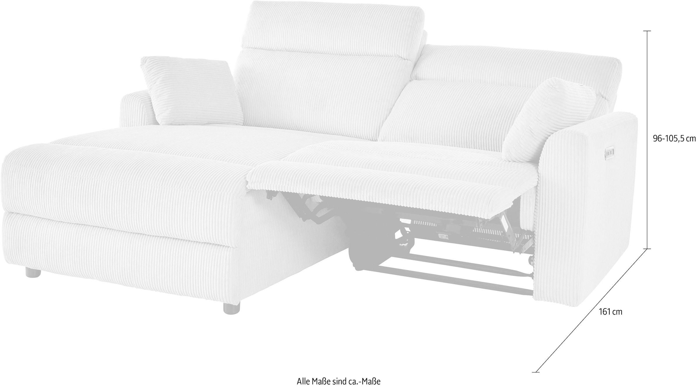 INOSIGN Ecksofa »JENNA, L-Form, 209cm, manuelle u. elektrische Funktion, mit USB A/C,«, Liegefunktion 105°-150°, Federkern, Cord