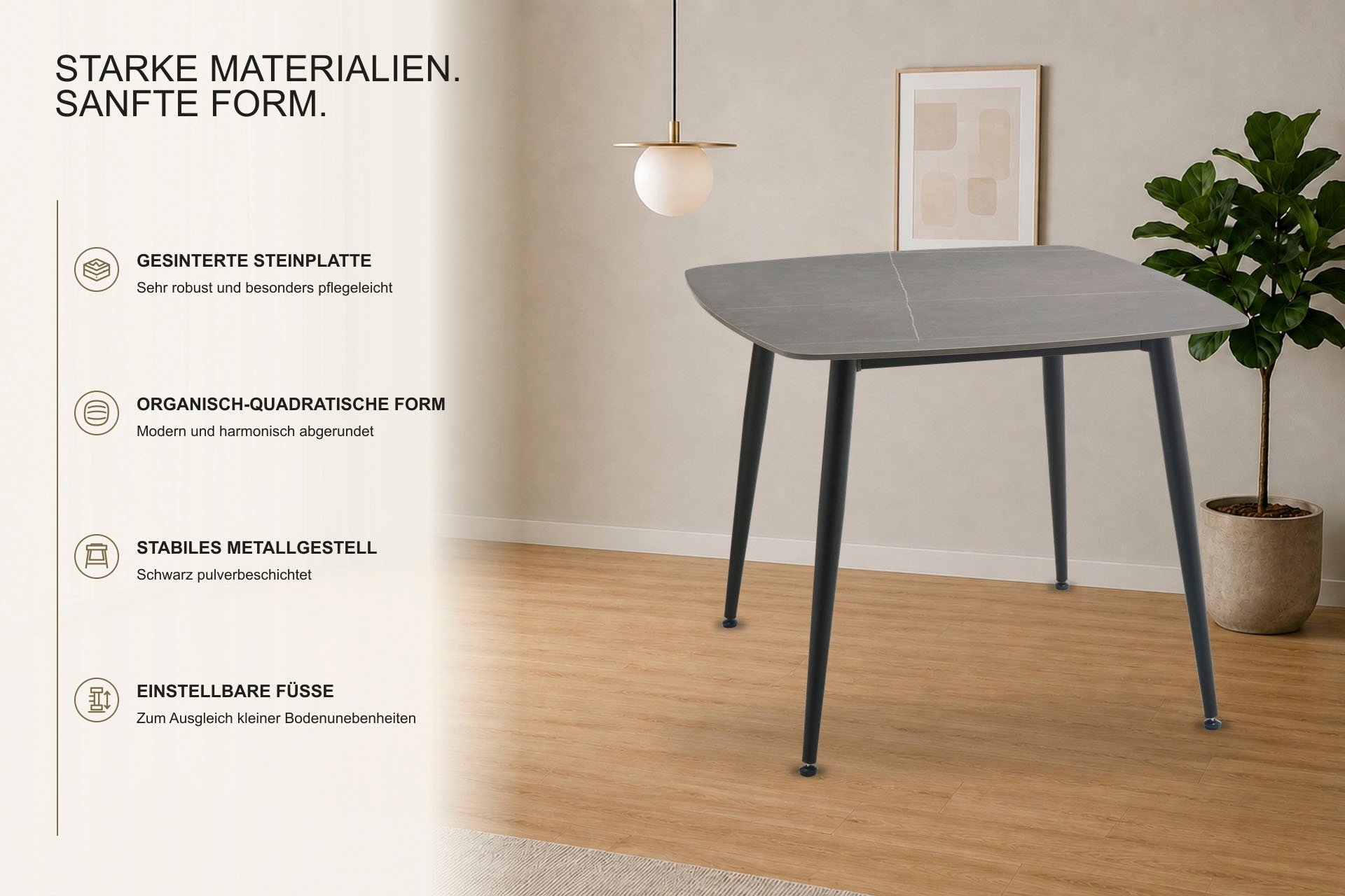 OTTO home Esstisch »Nora« 1 Stk. tlg. organisch-quadratischer Tisch 90x90cm in Sinterstein-Keramikoptik