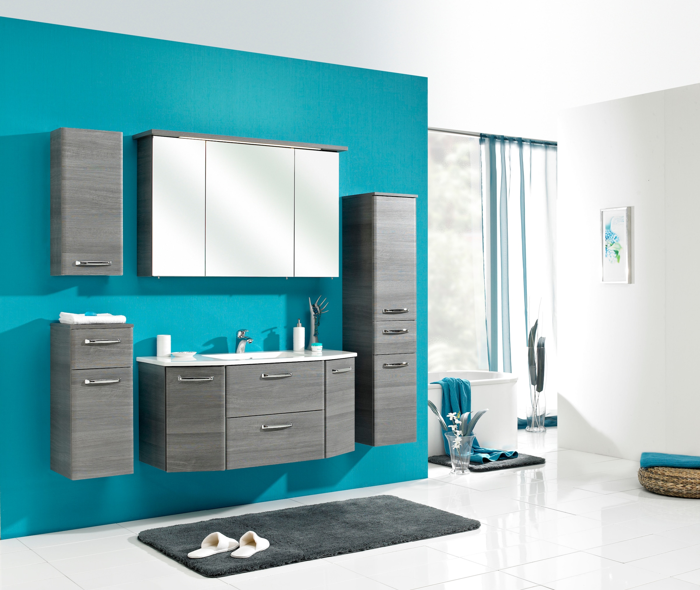 Saphir Waschtisch »Quickset Waschplatz, Mineralmarmor-Waschtisch, 112 cm breit, 2 Türen«, Unterschrank mit Waschbecken, inkl. Türdämpfer, Griffe Chrom Glanz