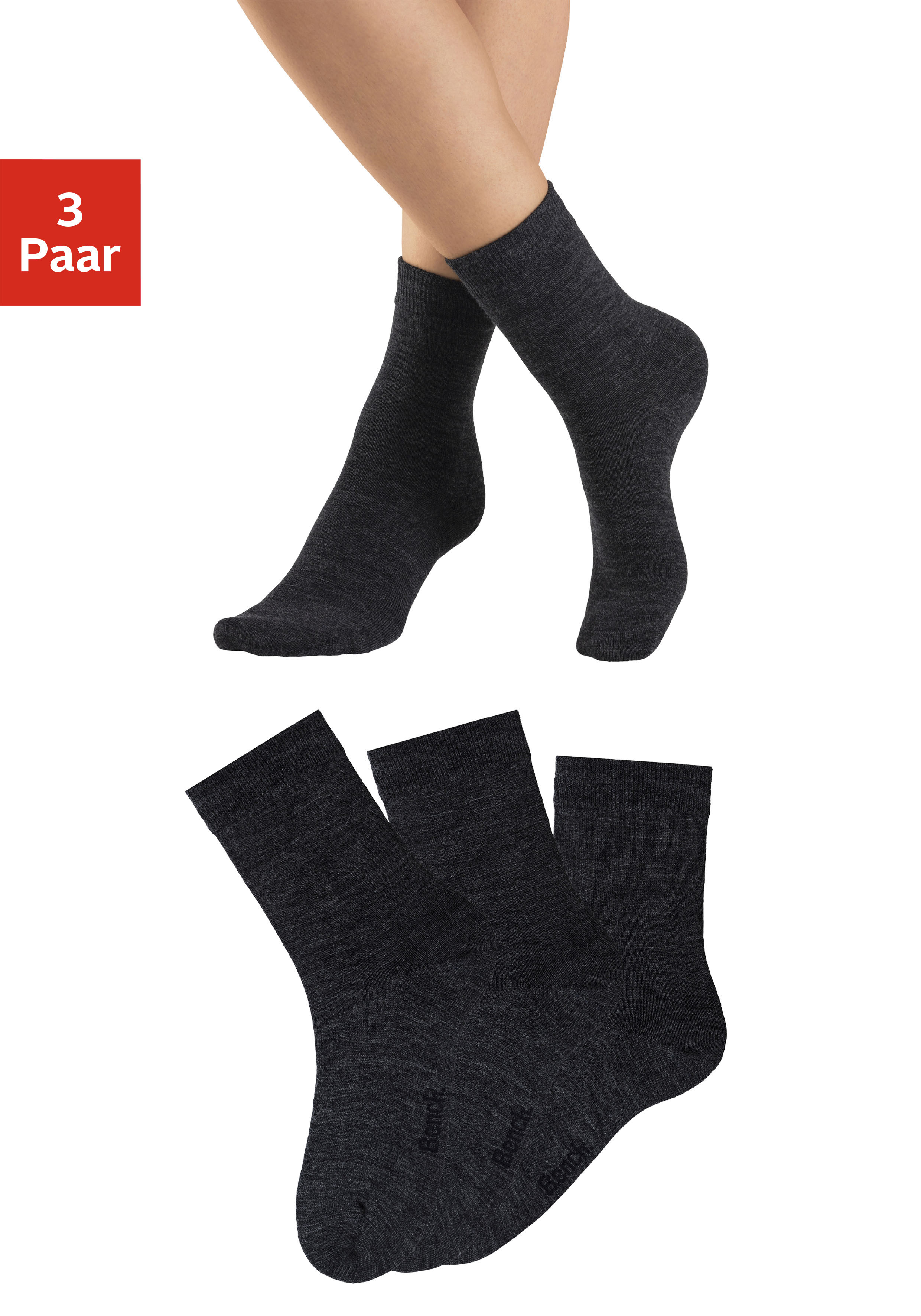 Bench. Socken "Damen Wollsocken; Basic mit weichem Gummibund, Wandersocken" Packung, 3 Stk. tlg. Damensocken aus flauschigem Material mit wärmender Wolle